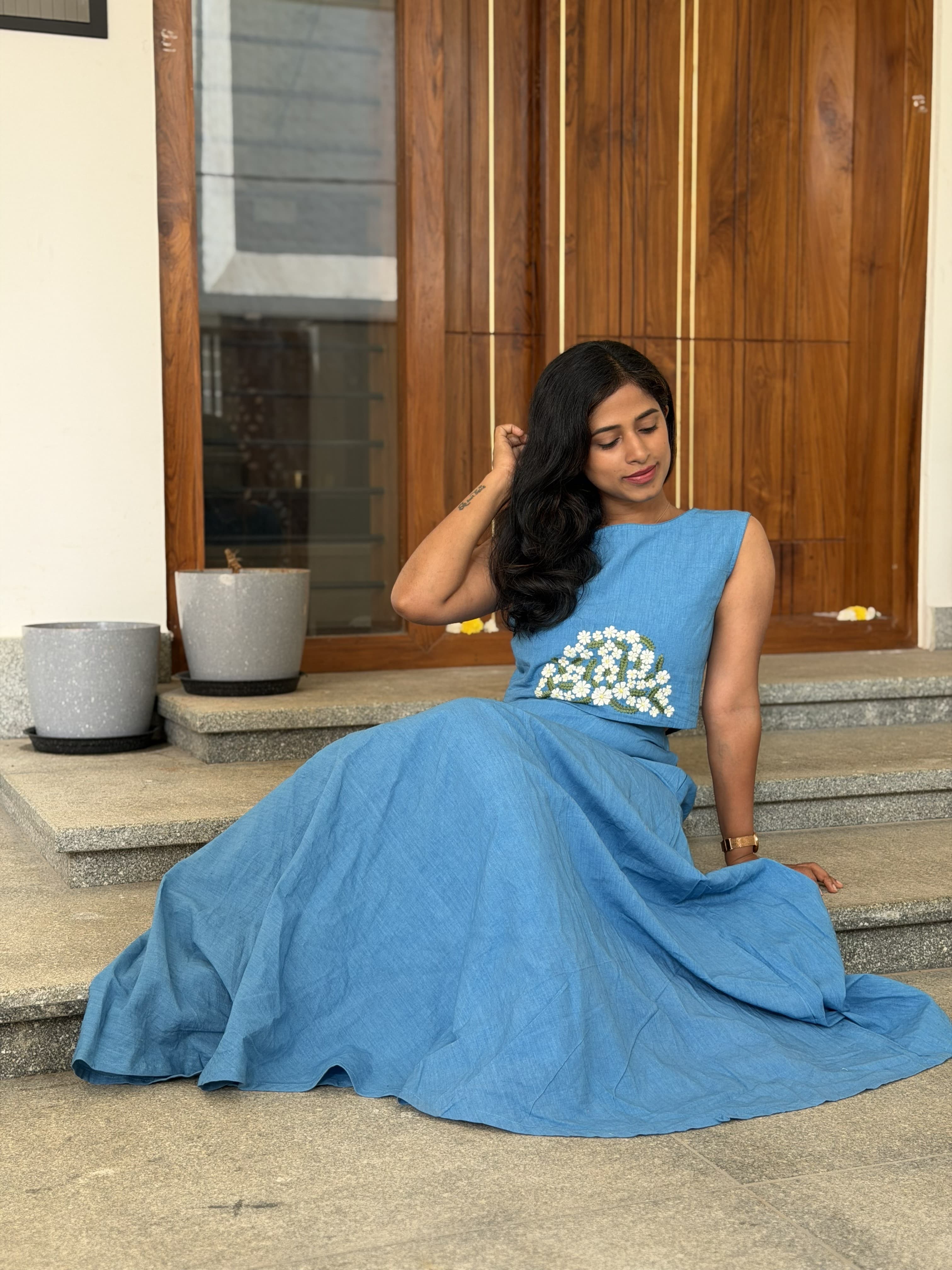 Sky Blue Daisy Embroidered Co-Ord Set — Crop Top & Flared Midi Skirt | Pure Khadi