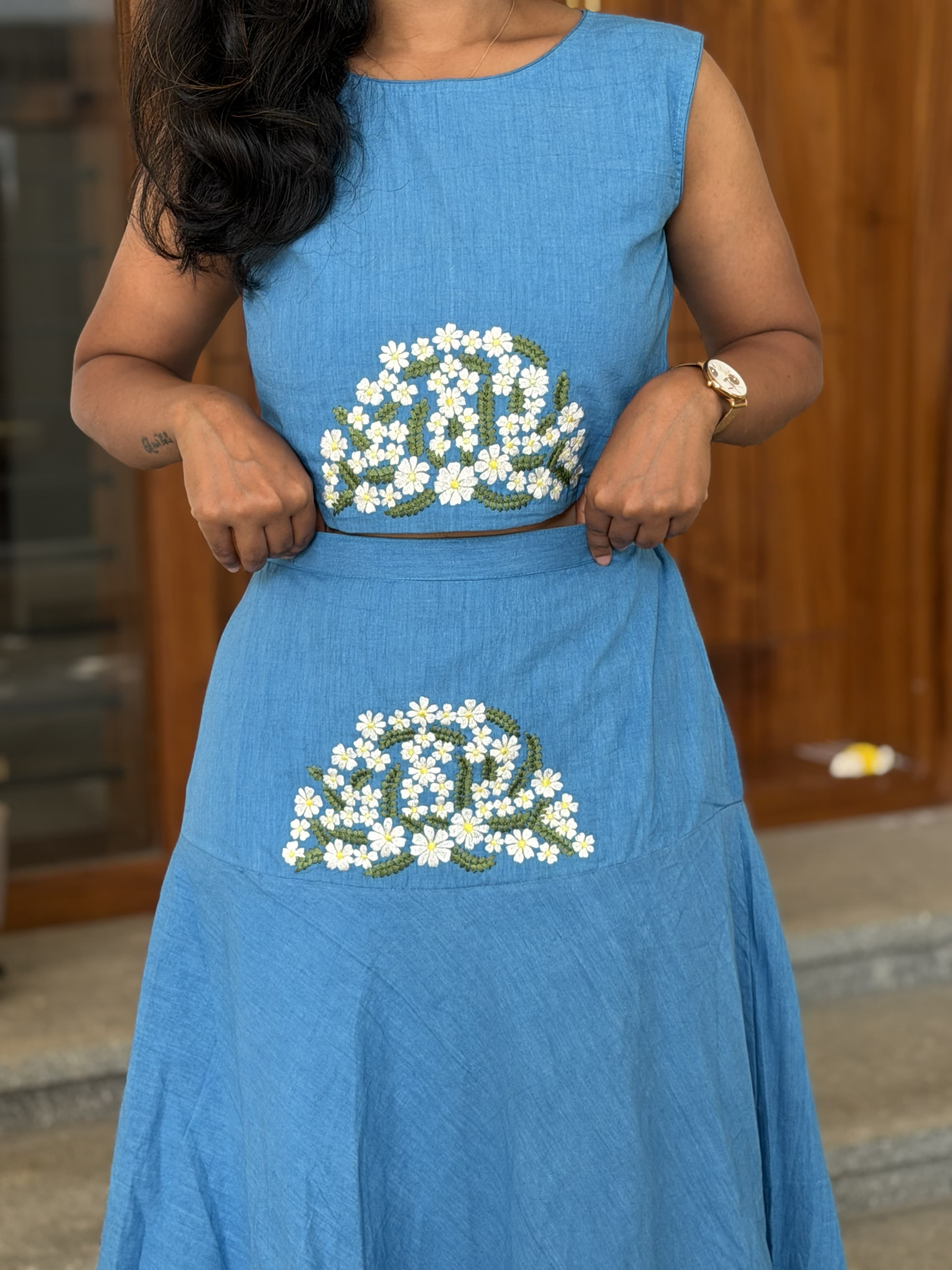 Sky Blue Daisy Embroidered Co-Ord Set — Crop Top & Flared Midi Skirt | Pure Khadi