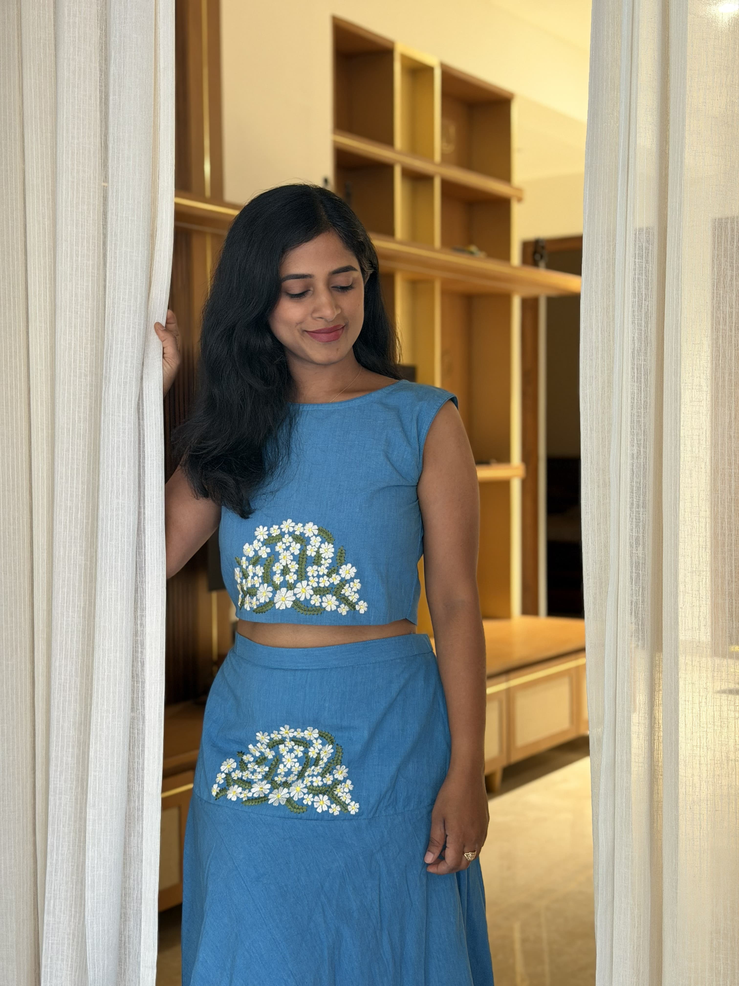Sky Blue Daisy Embroidered Co-Ord Set — Crop Top & Flared Midi Skirt | Pure Khadi