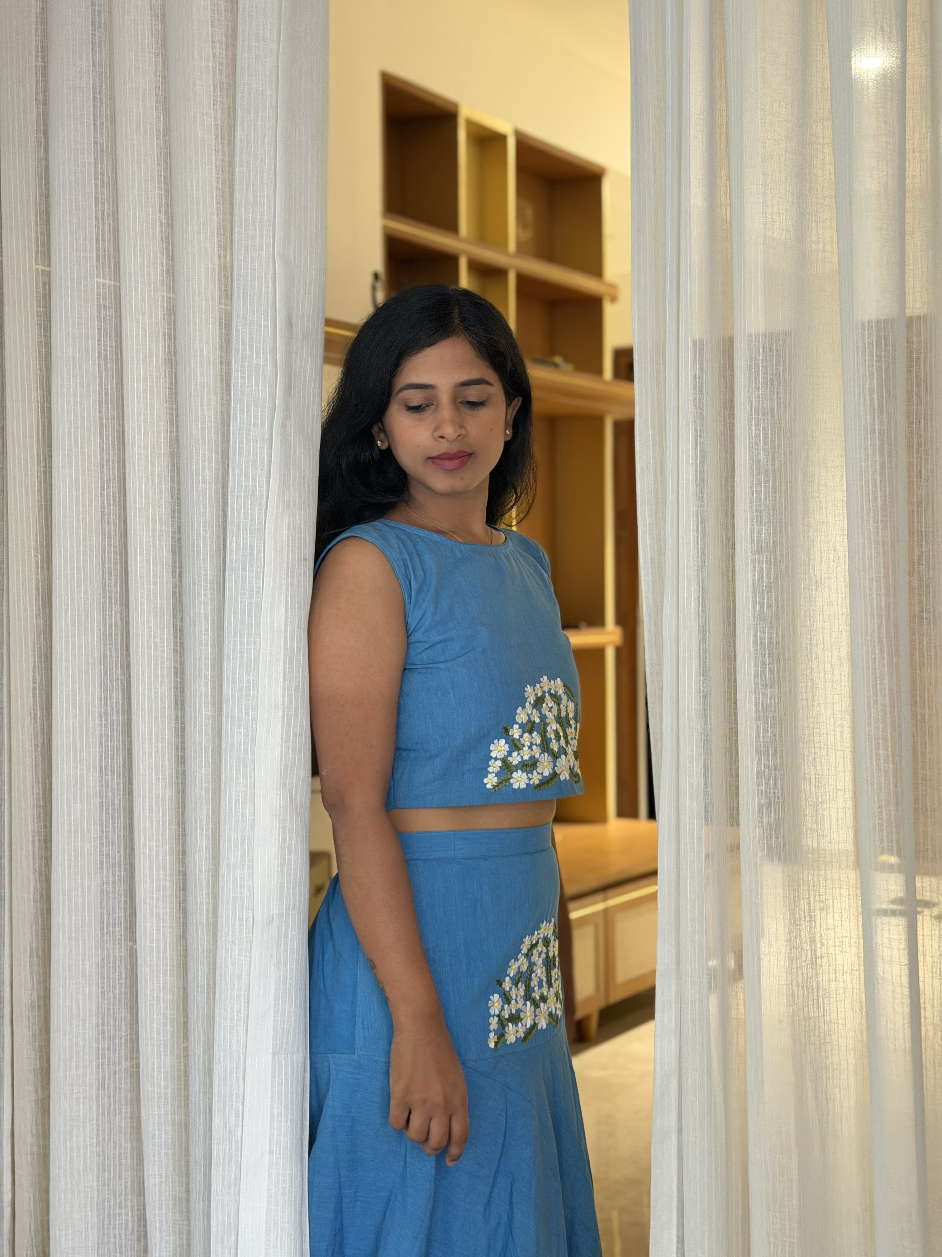 Sky Blue Daisy Embroidered Co-Ord Set — Crop Top & Flared Midi Skirt | Pure Khadi