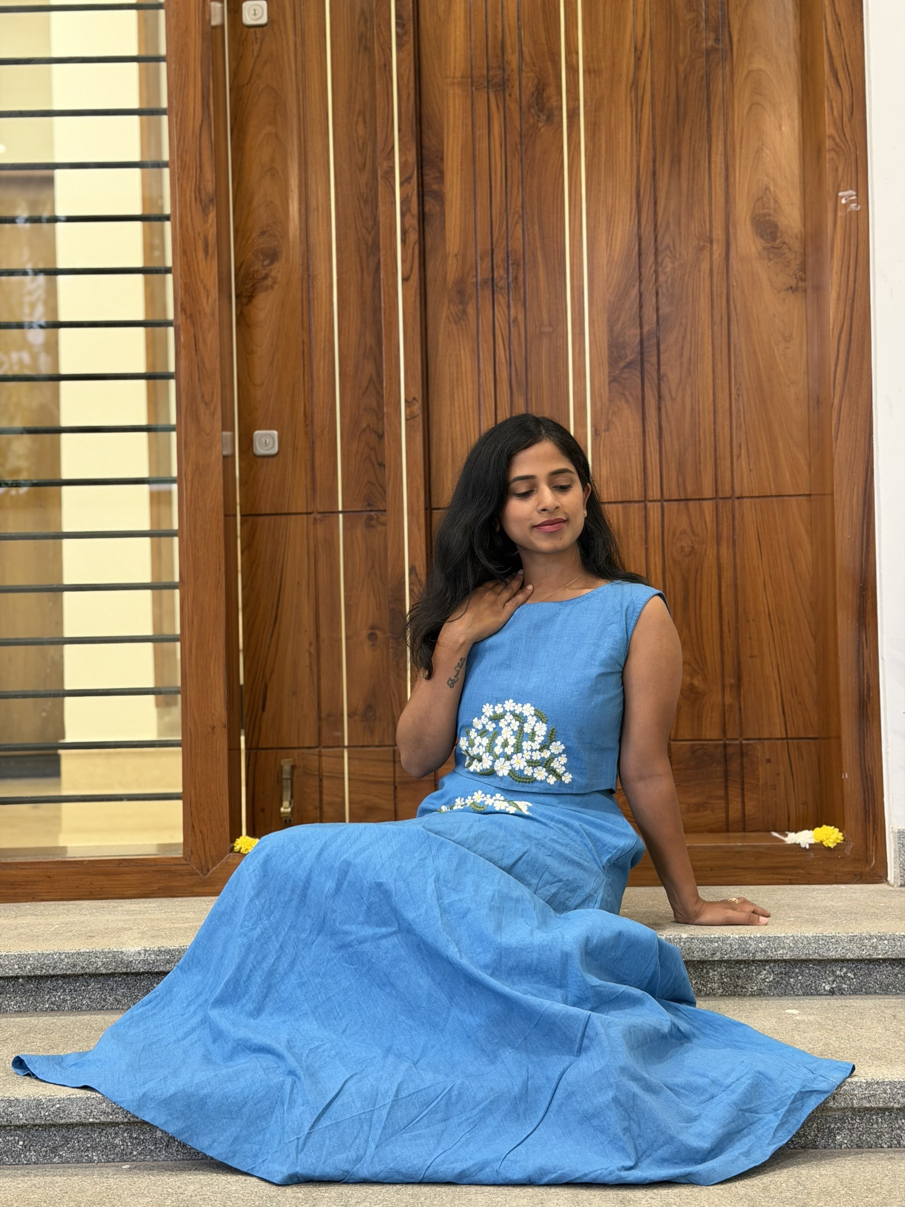 Sky Blue Daisy Embroidered Co-Ord Set — Crop Top & Flared Midi Skirt | Pure Khadi