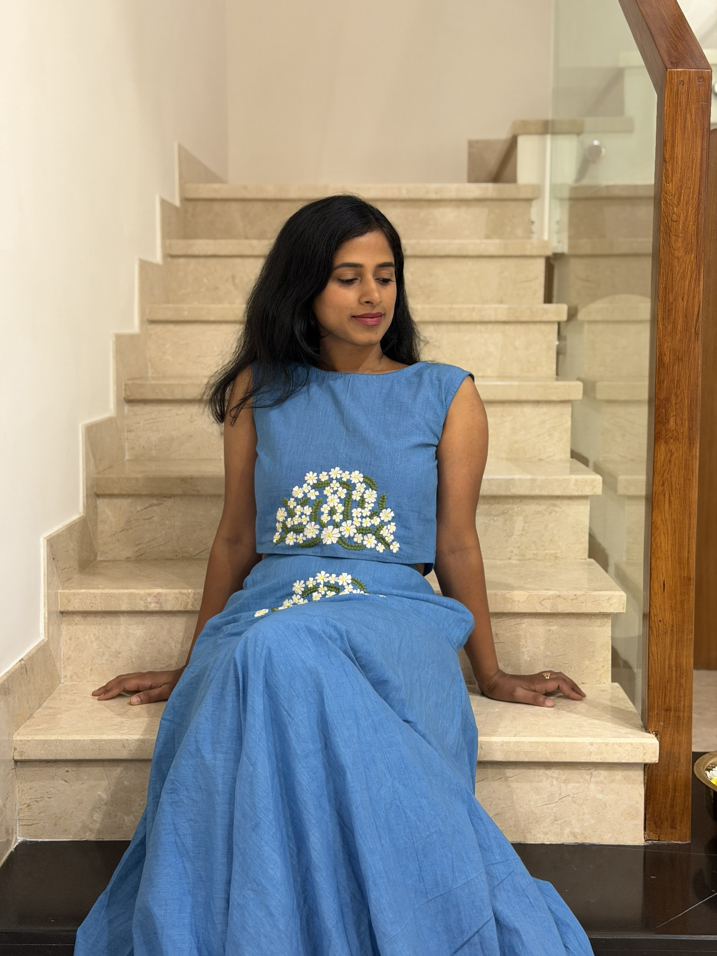 Sky Blue Daisy Embroidered Co-Ord Set — Crop Top & Flared Midi Skirt | Pure Khadi