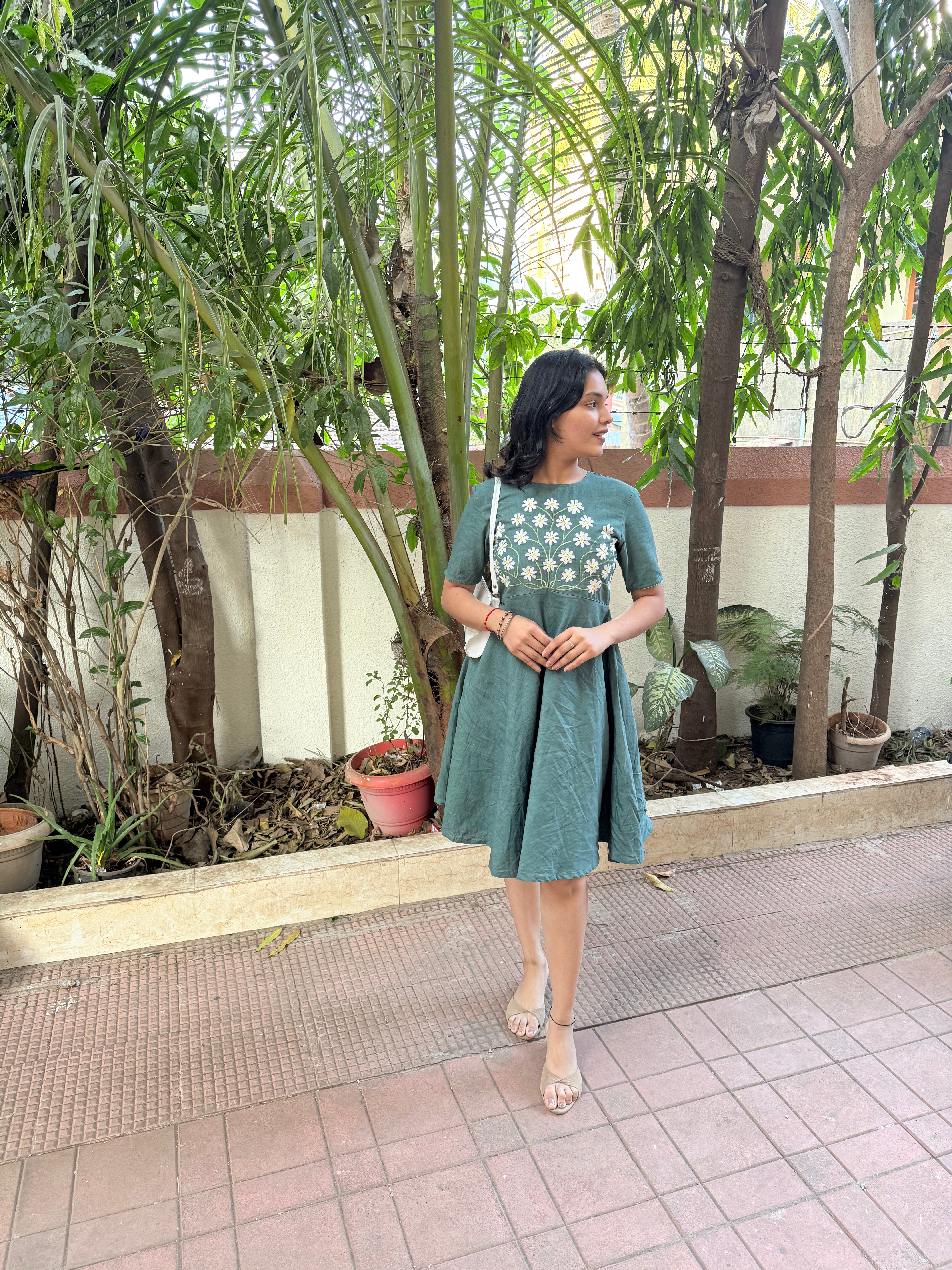 Teal Green Floral Embroidered Fit & Flare Dress