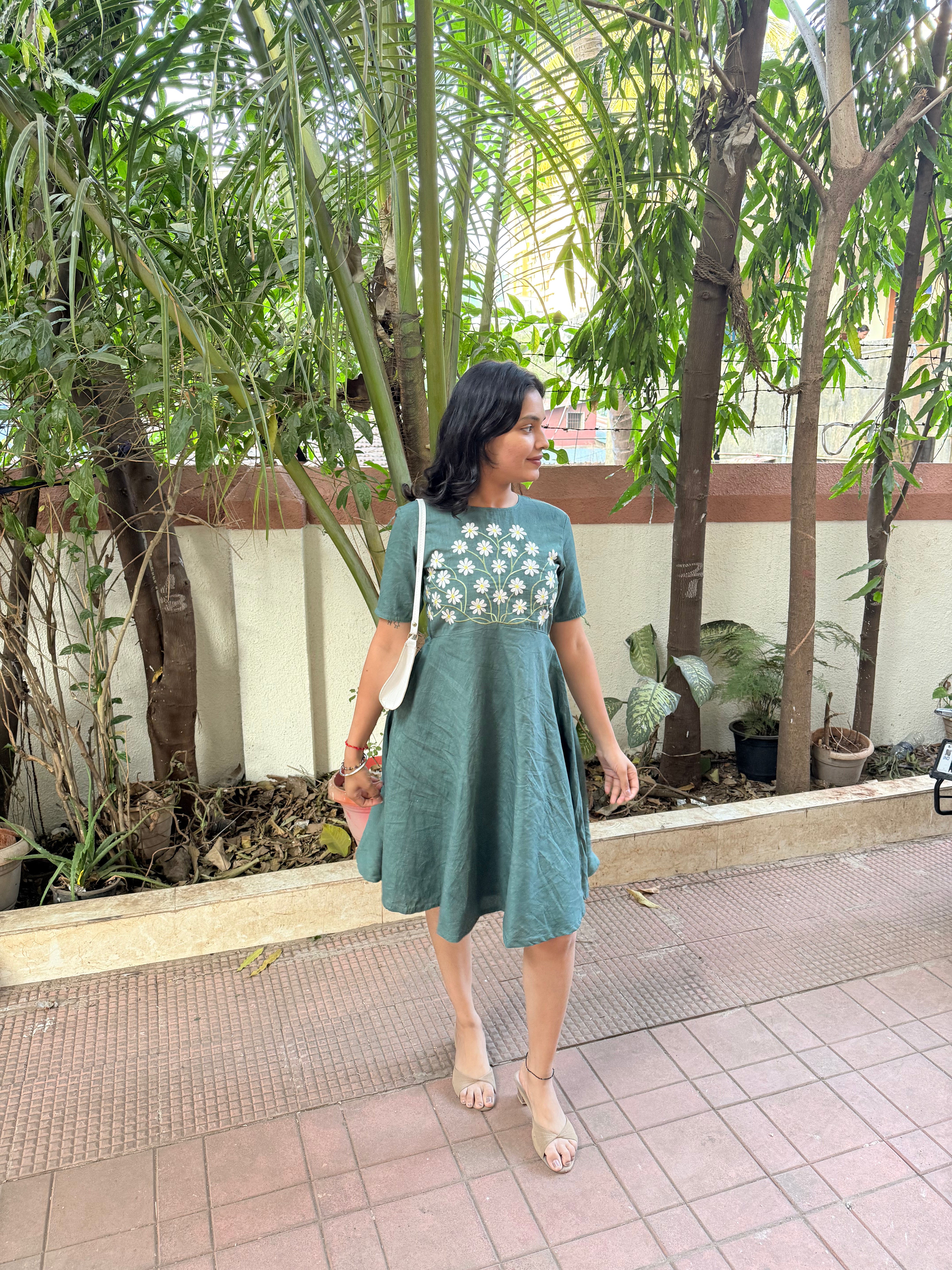 Teal Green Floral Embroidered Fit & Flare Dress