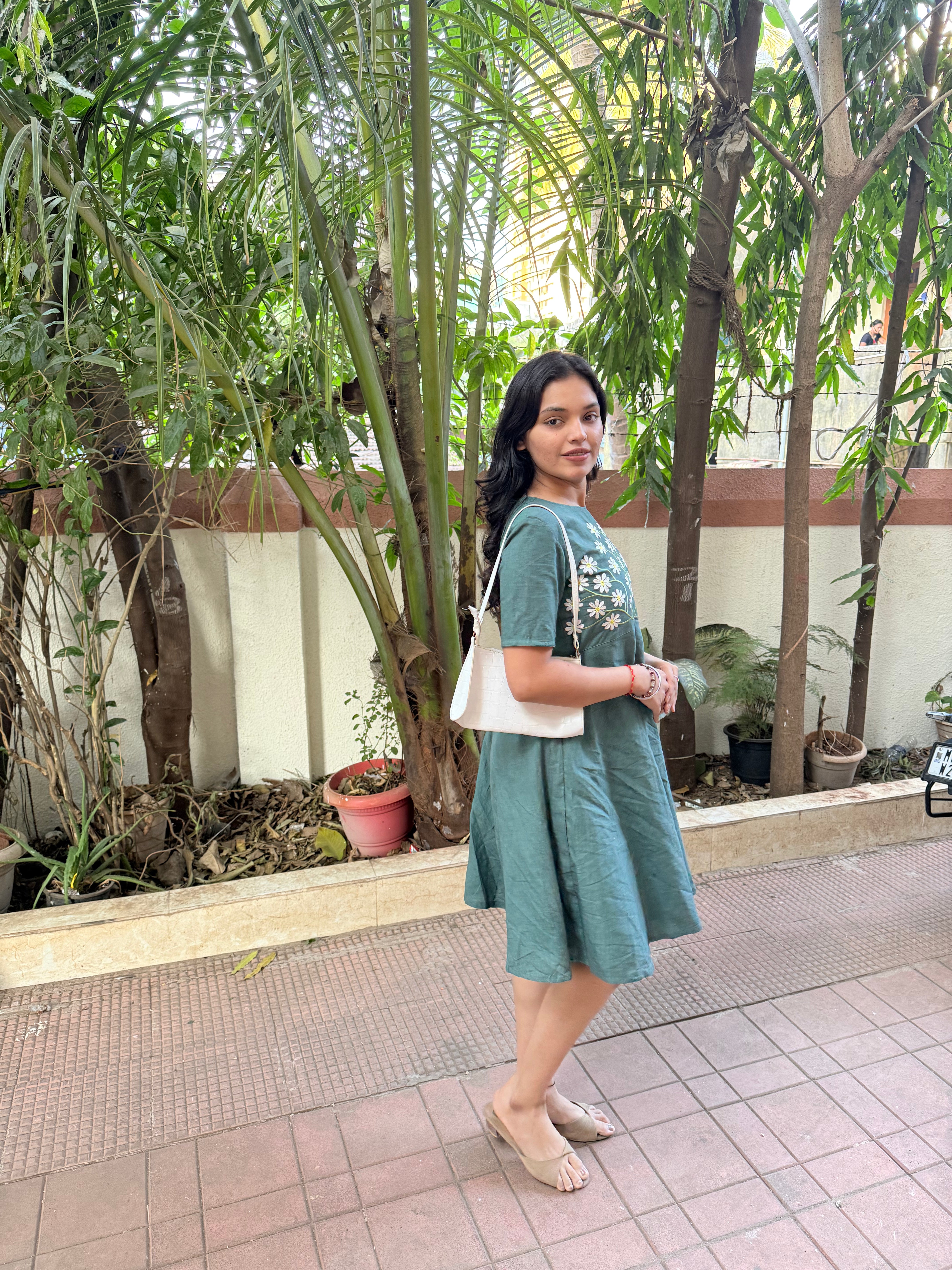 Teal Green Floral Embroidered Fit & Flare Dress