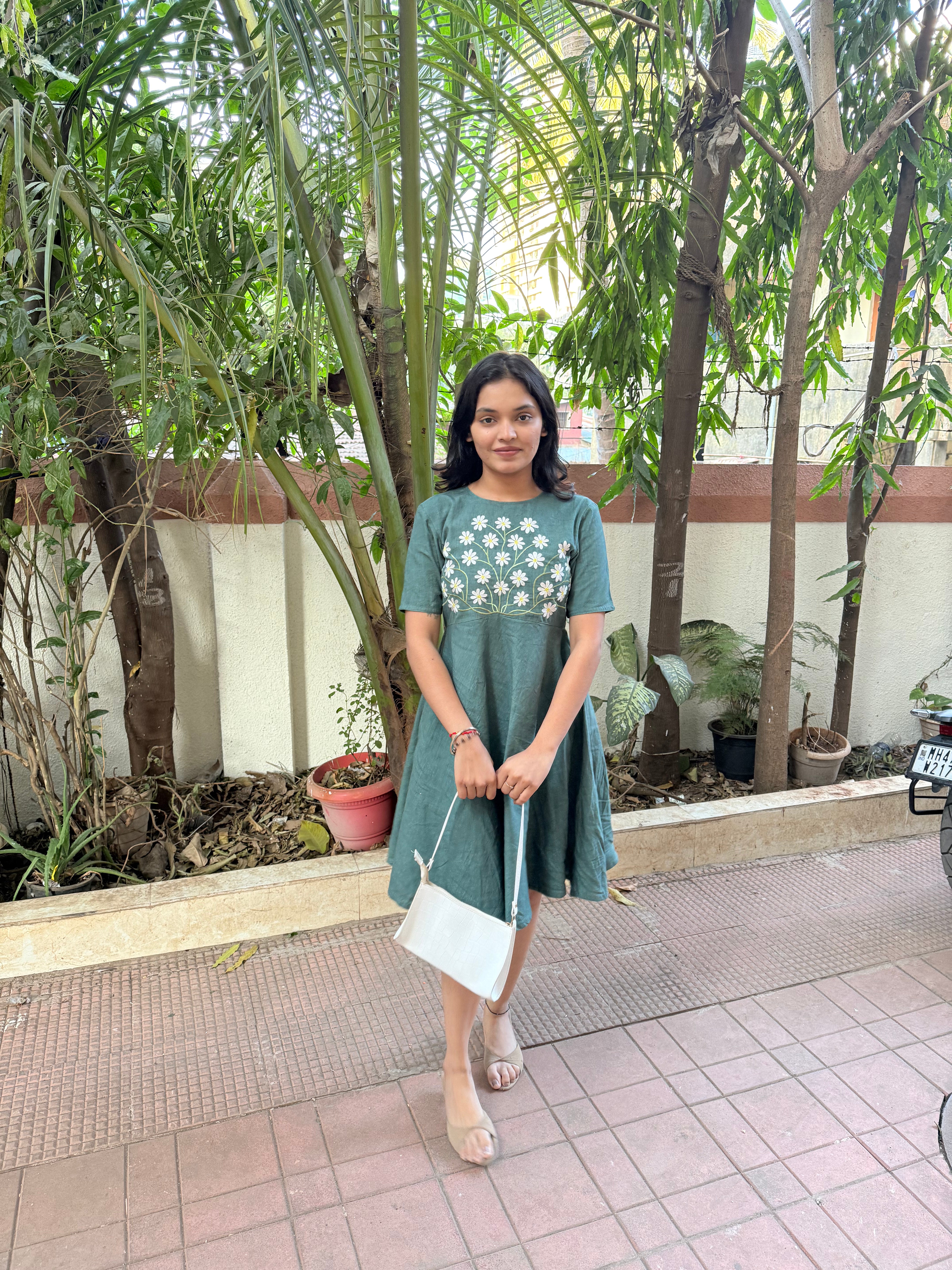 Teal Green Floral Embroidered Fit & Flare Dress