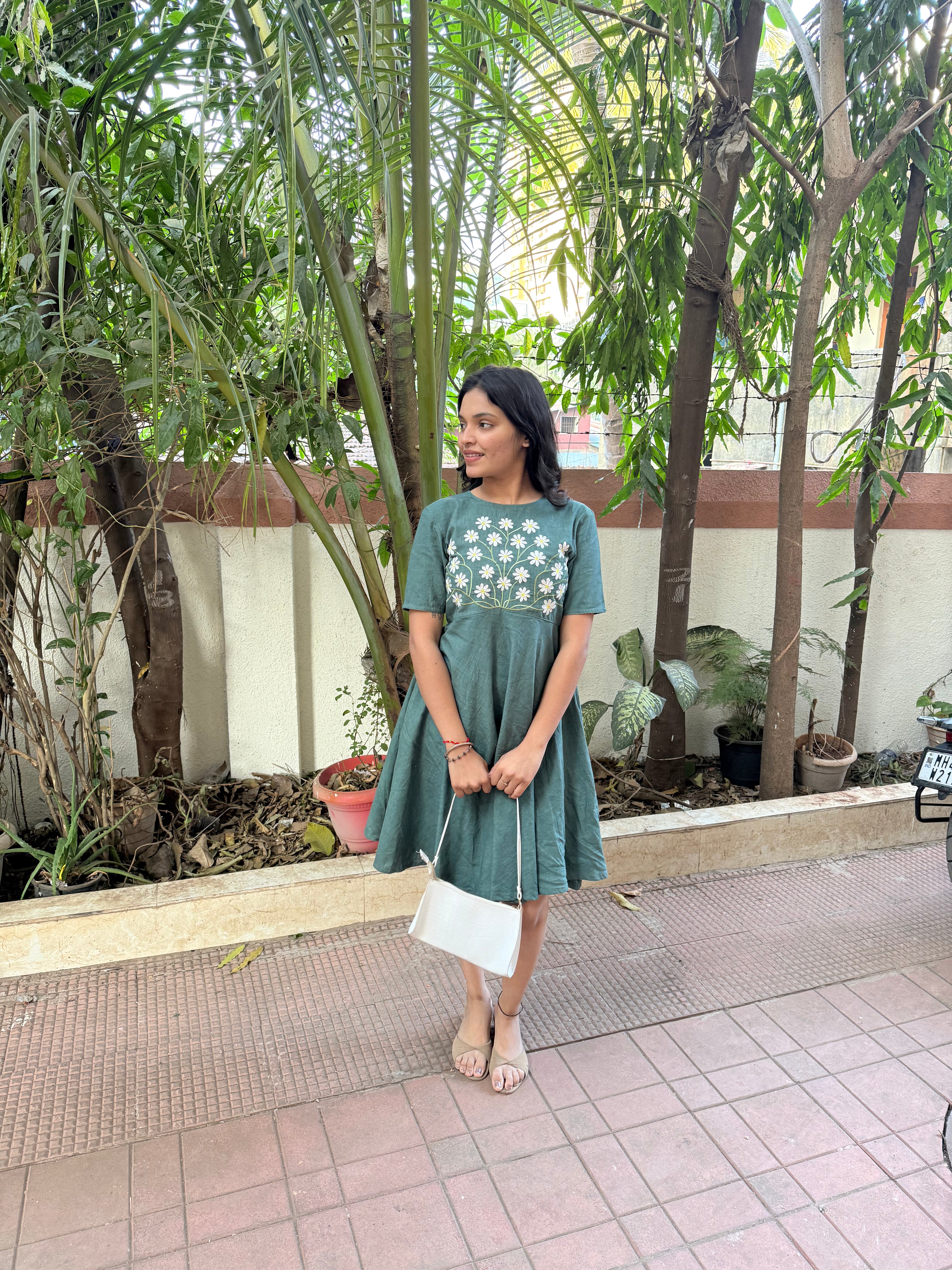 Teal Green Floral Embroidered Fit & Flare Dress