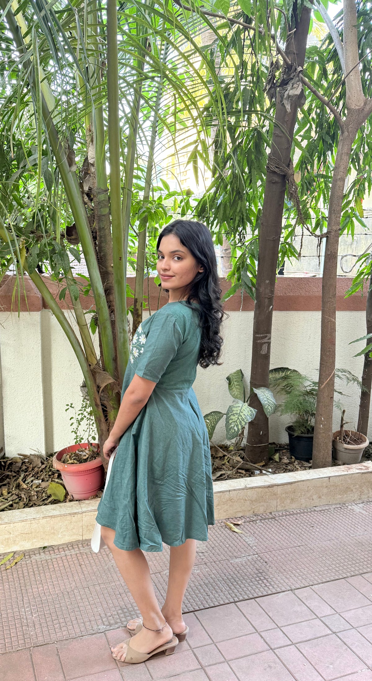 Teal Green Floral Embroidered Fit & Flare Dress