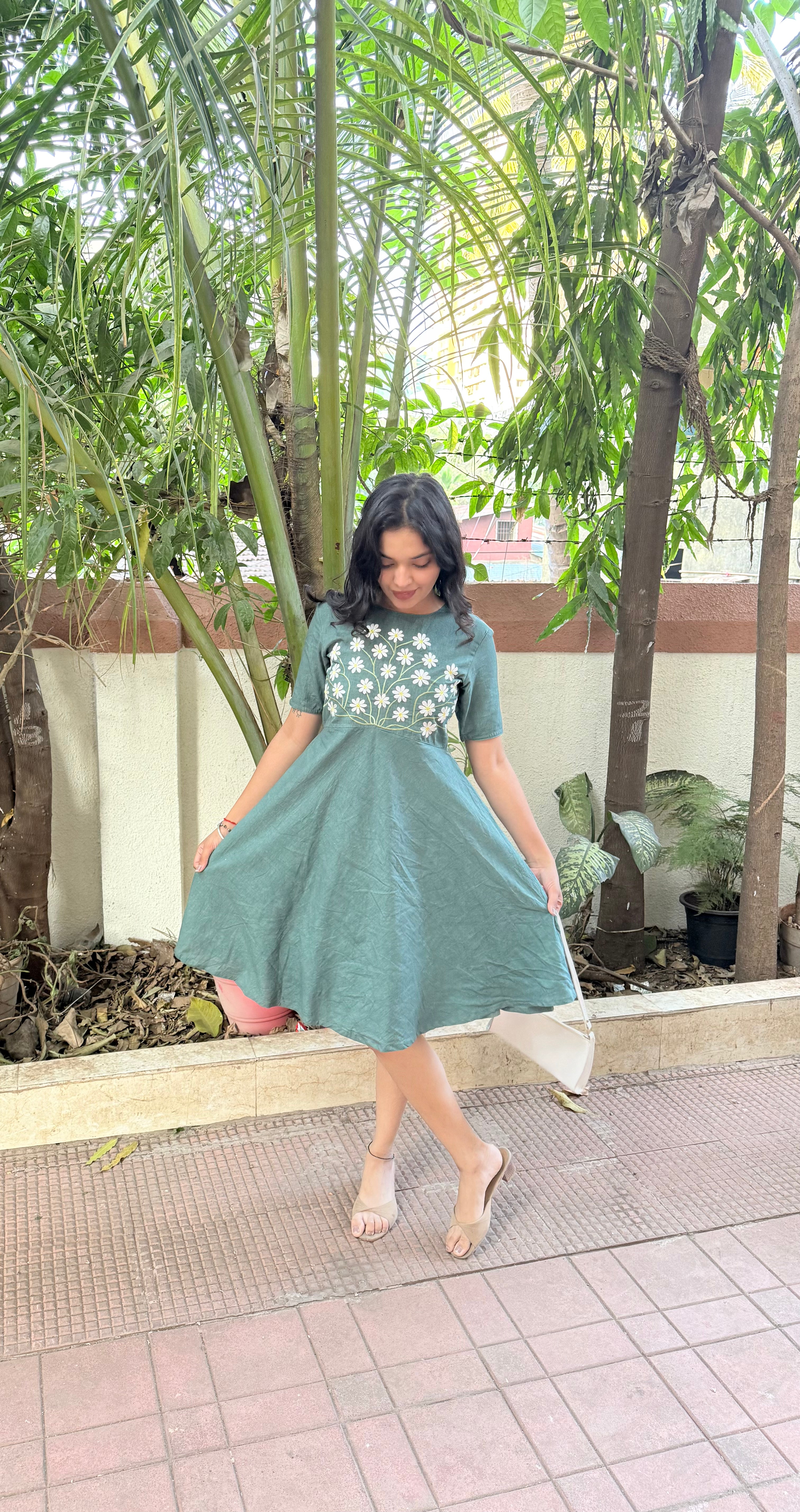 Teal Green Floral Embroidered Fit & Flare Dress