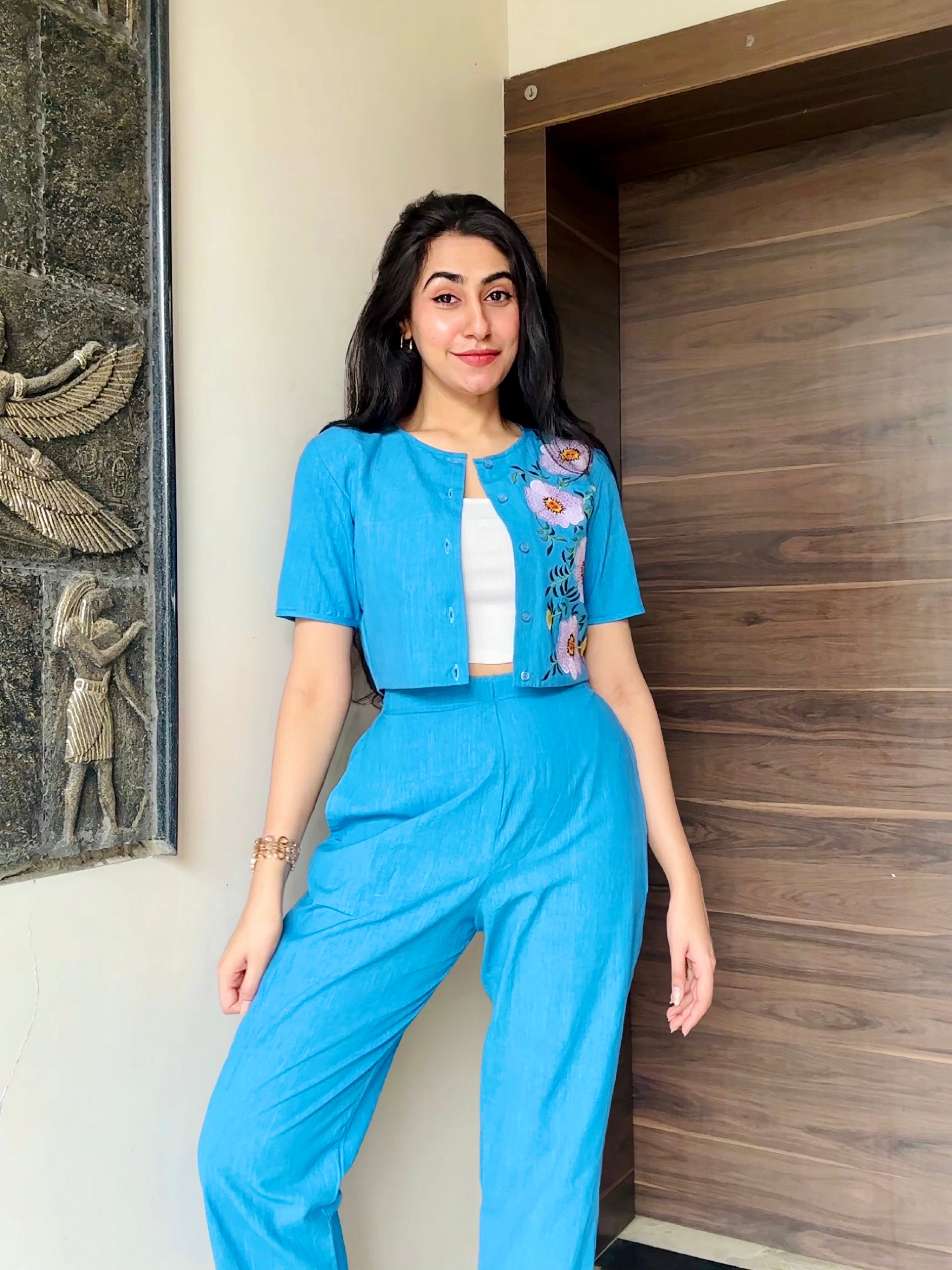 Sky Blue Floral Embellished Co-Ord Set with Crop Jacket