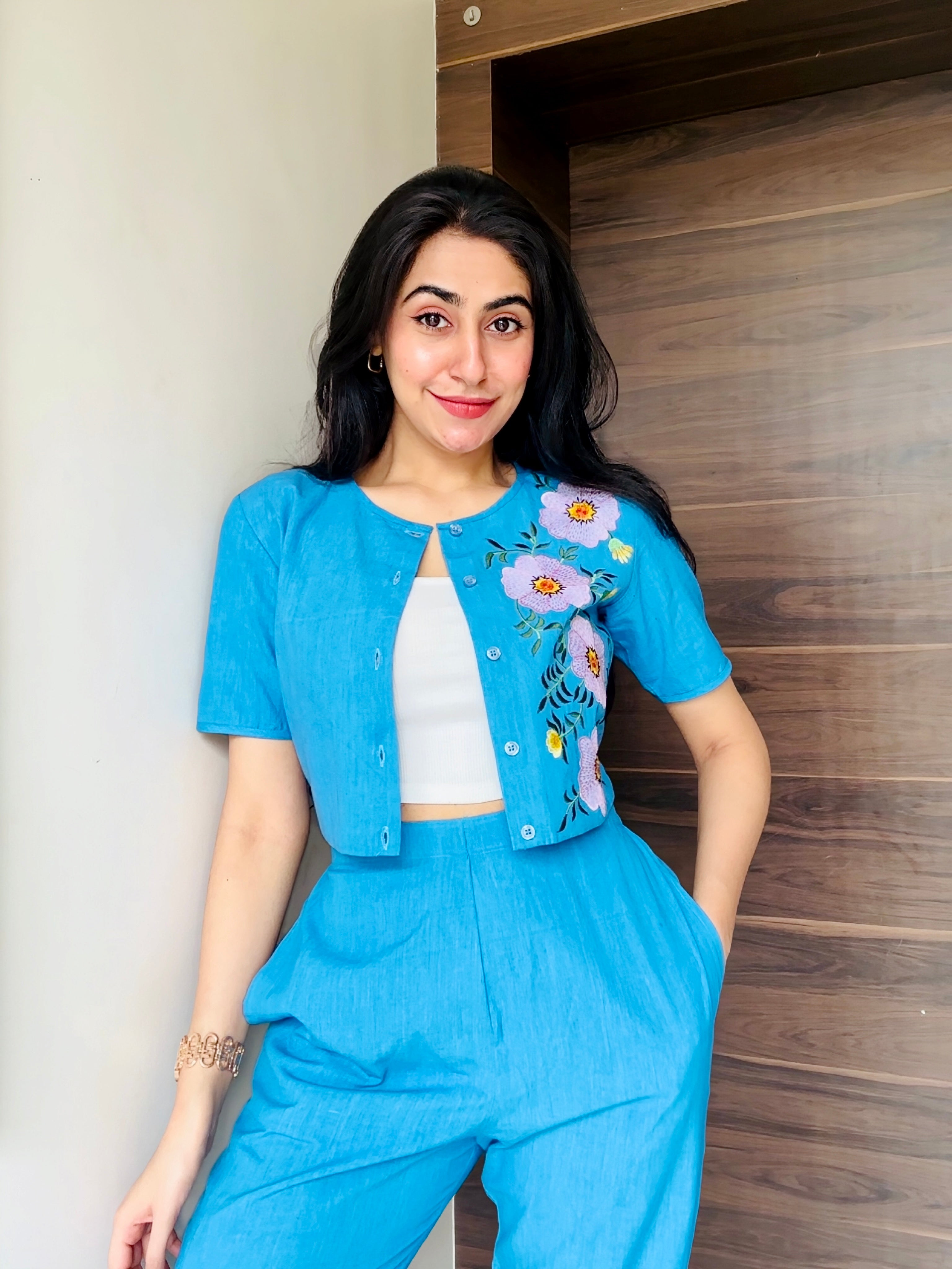 Sky Blue Floral Embellished Co-Ord Set with Crop Jacket