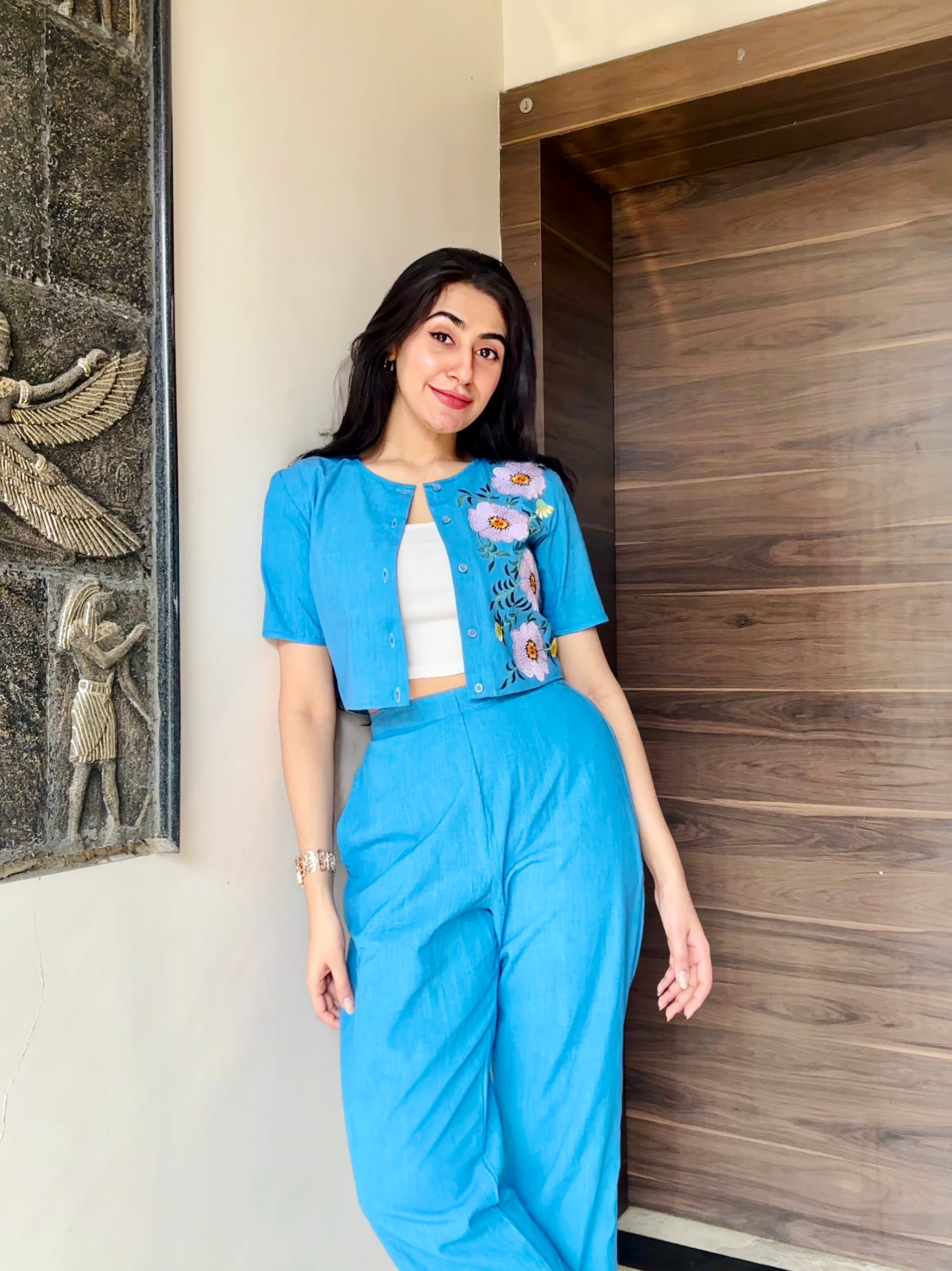 Sky Blue Floral Embellished Co-Ord Set with Crop Jacket