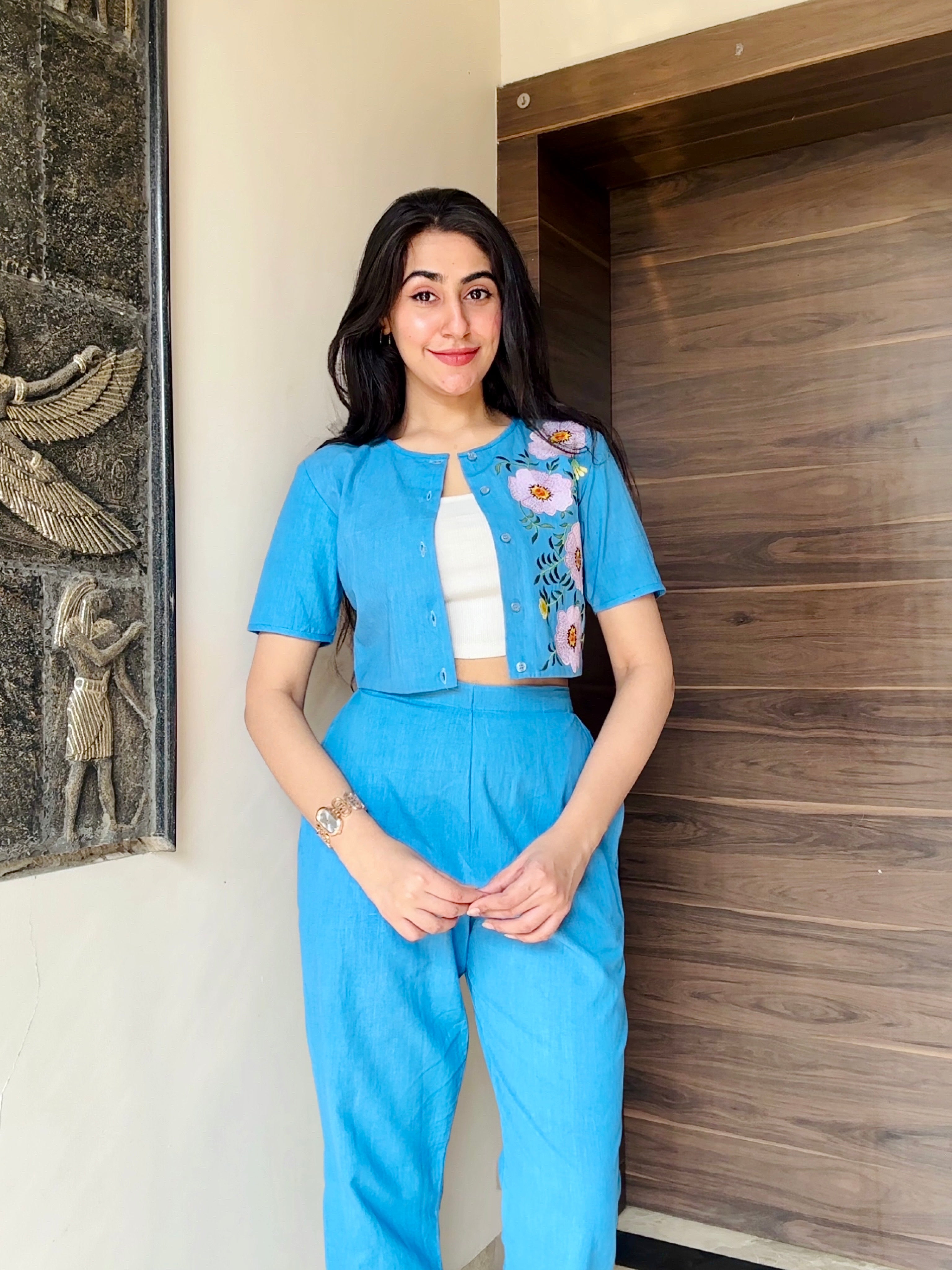 Sky Blue Floral Embellished Co-Ord Set with Crop Jacket