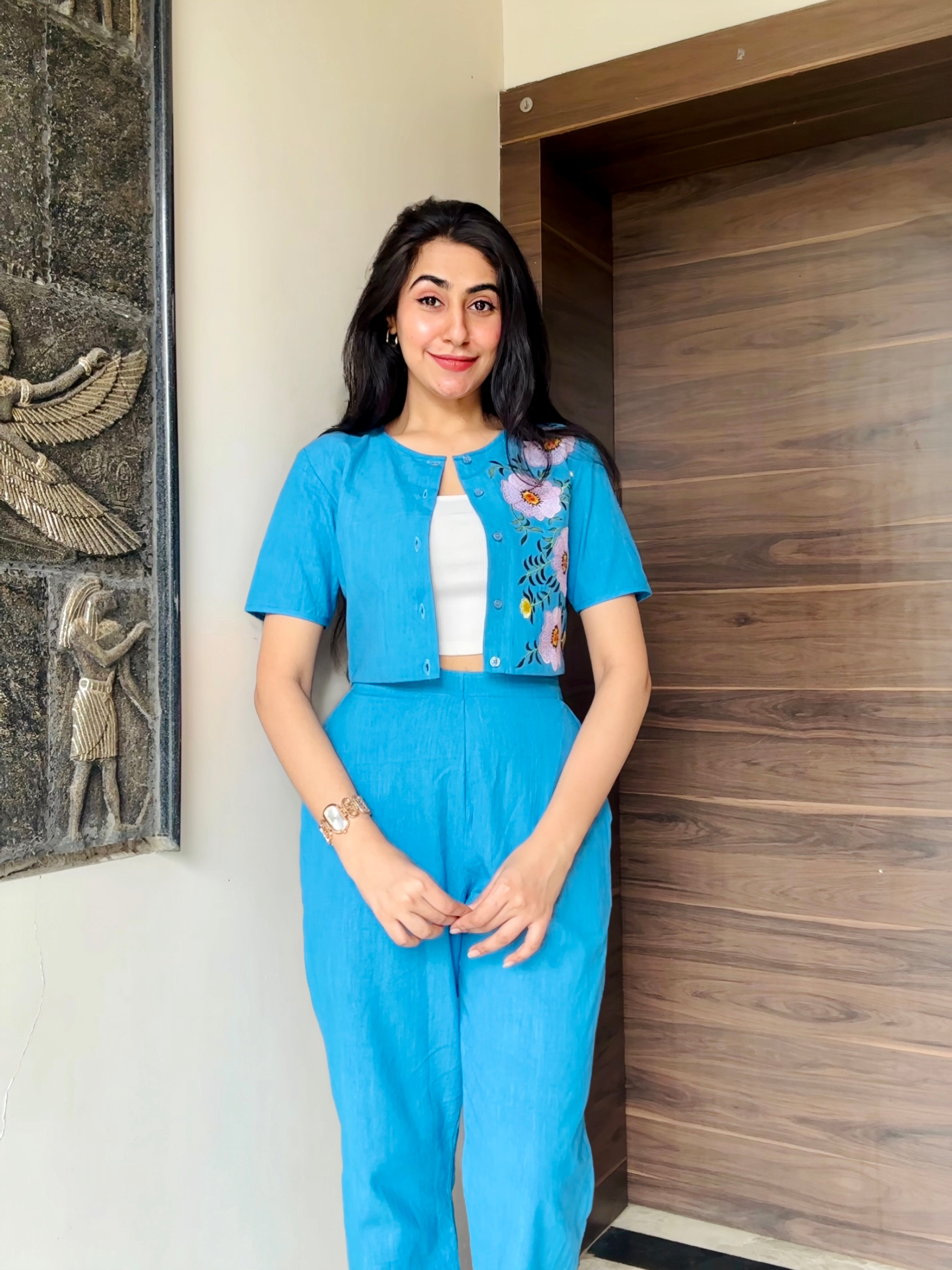 Sky Blue Floral Embellished Co-Ord Set with Crop Jacket