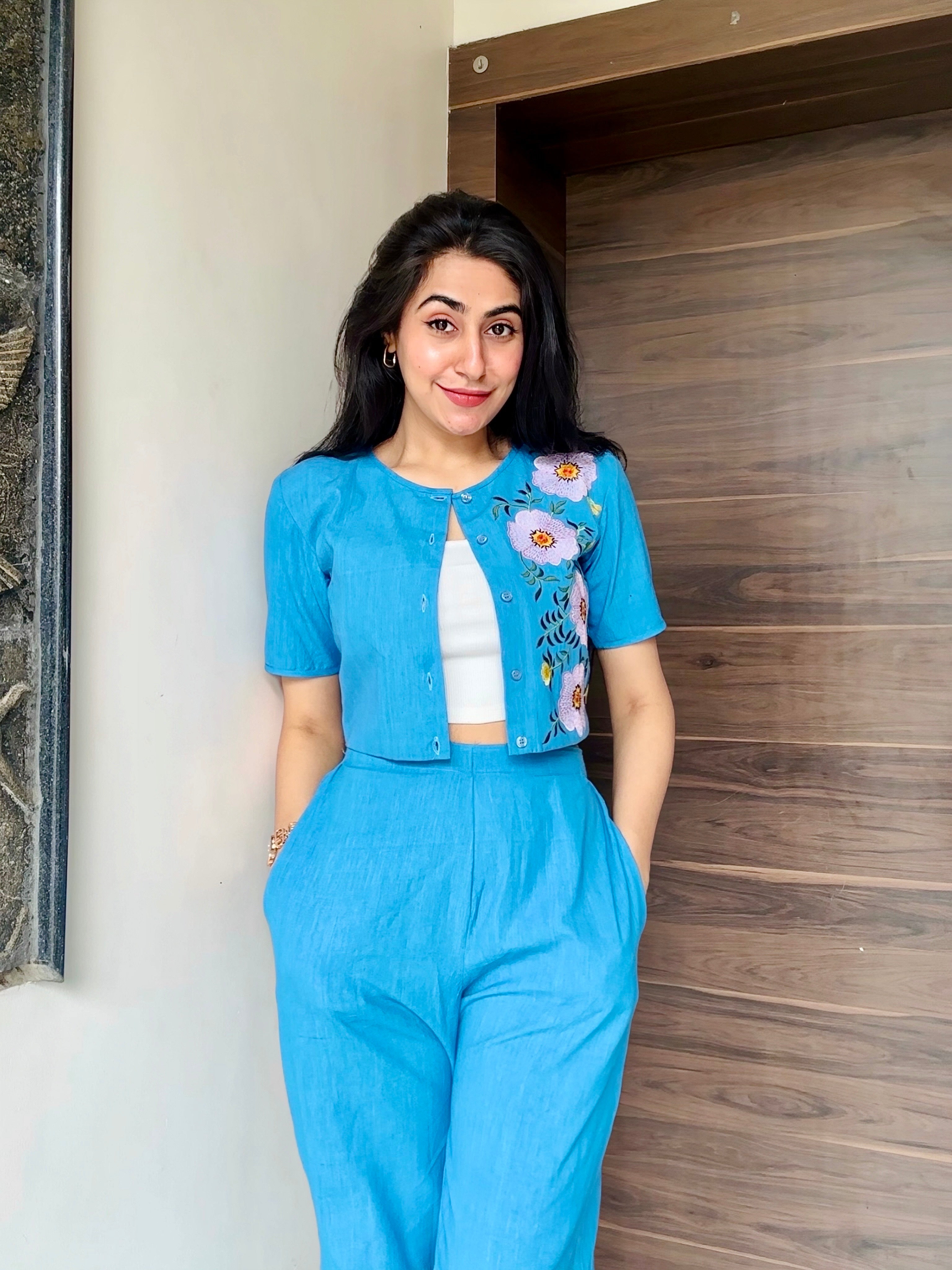 Sky Blue Floral Embellished Co-Ord Set with Crop Jacket