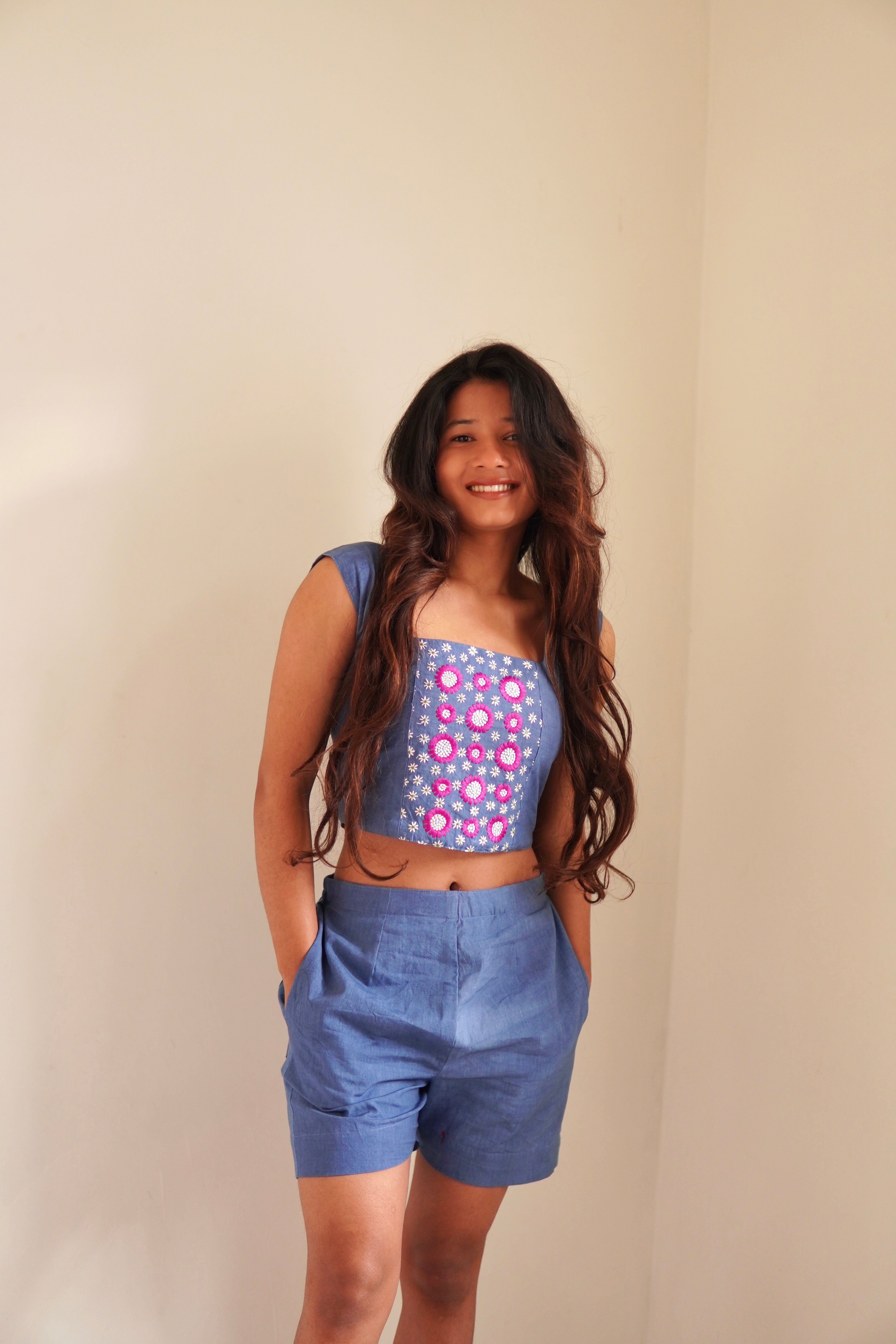 Indigo Blue Floral Panel Co-Ord Set with Crop Top & Shorts