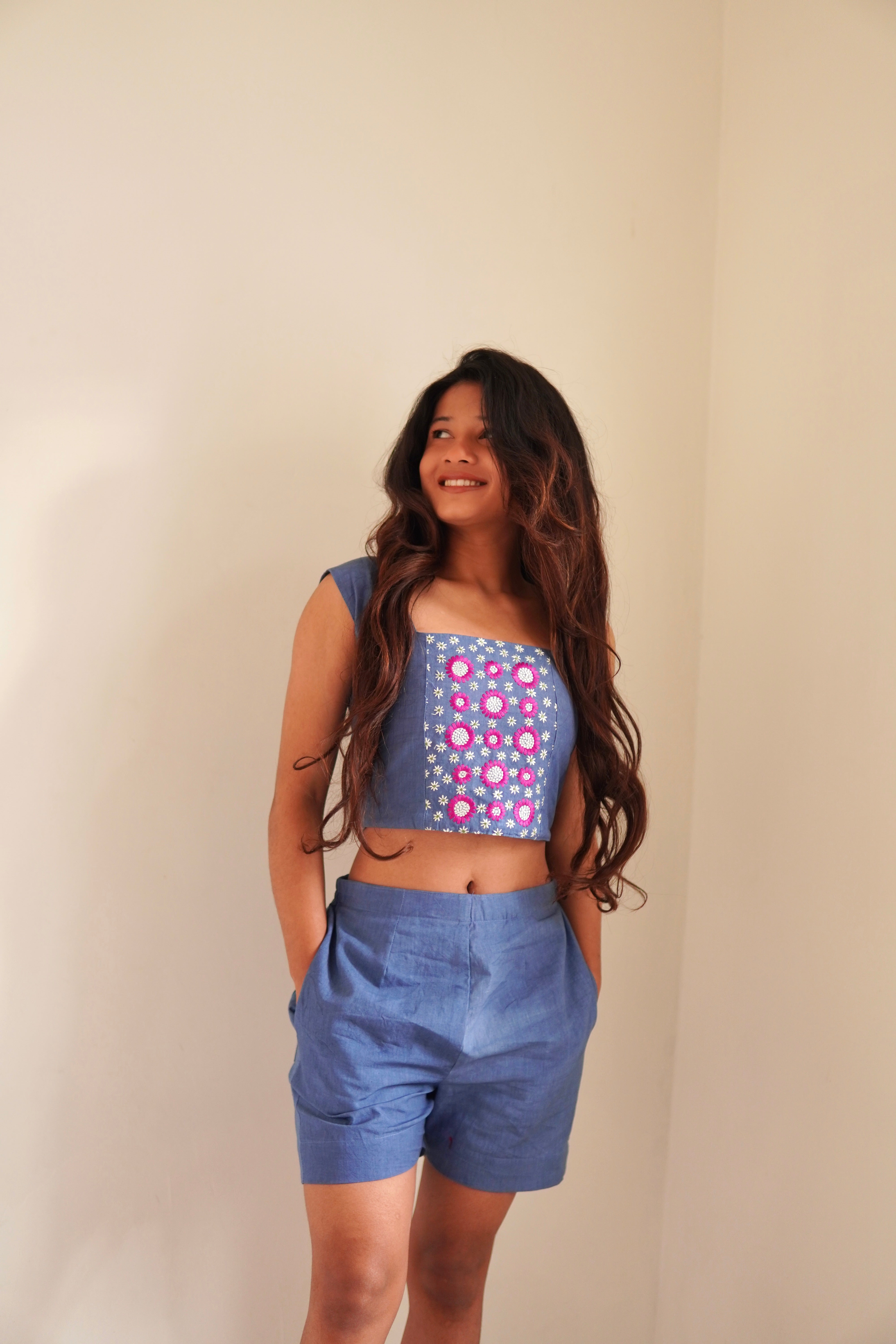 Indigo Blue Floral Panel Co-Ord Set with Crop Top & Shorts