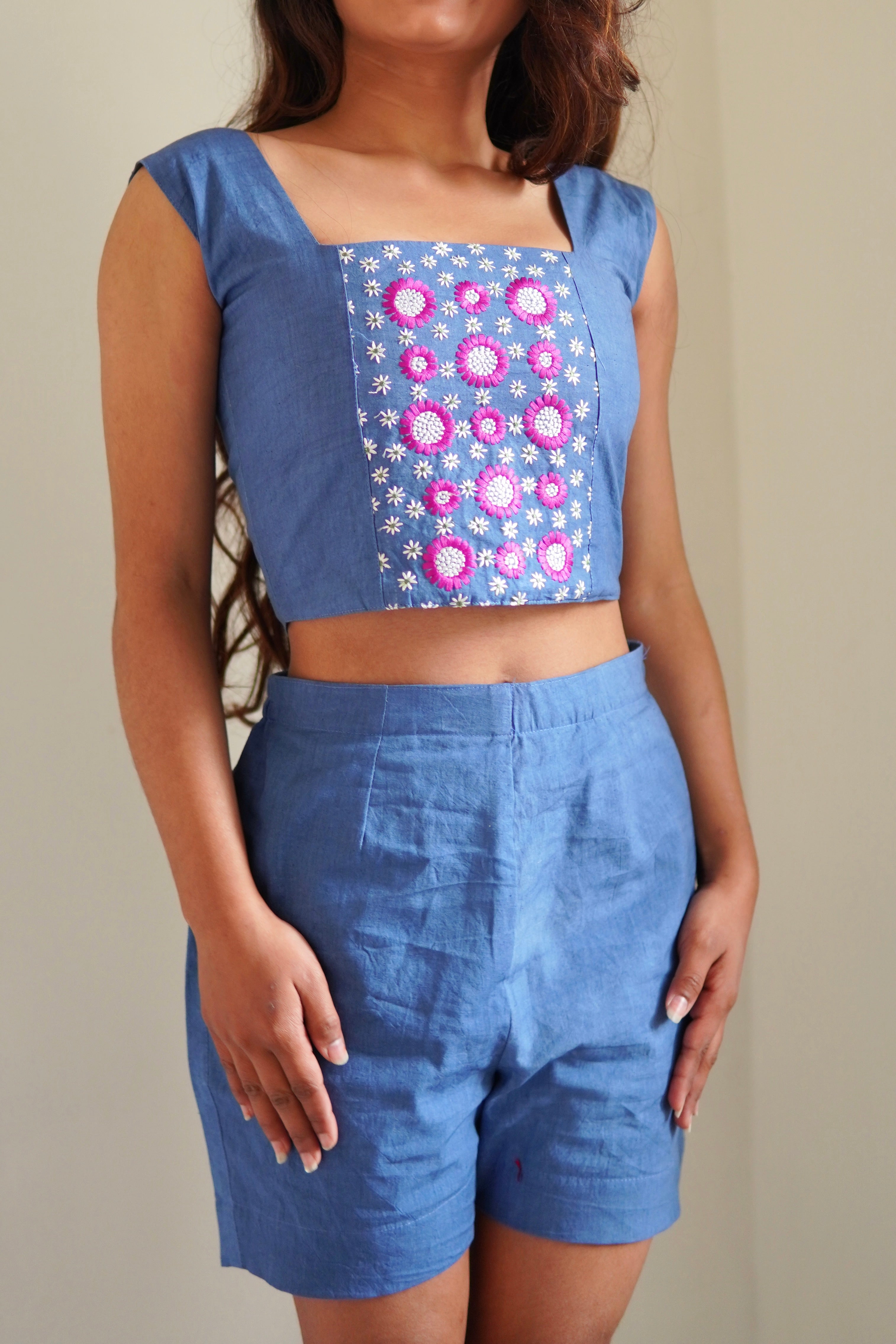 Indigo Blue Floral Panel Co-Ord Set with Crop Top & Shorts
