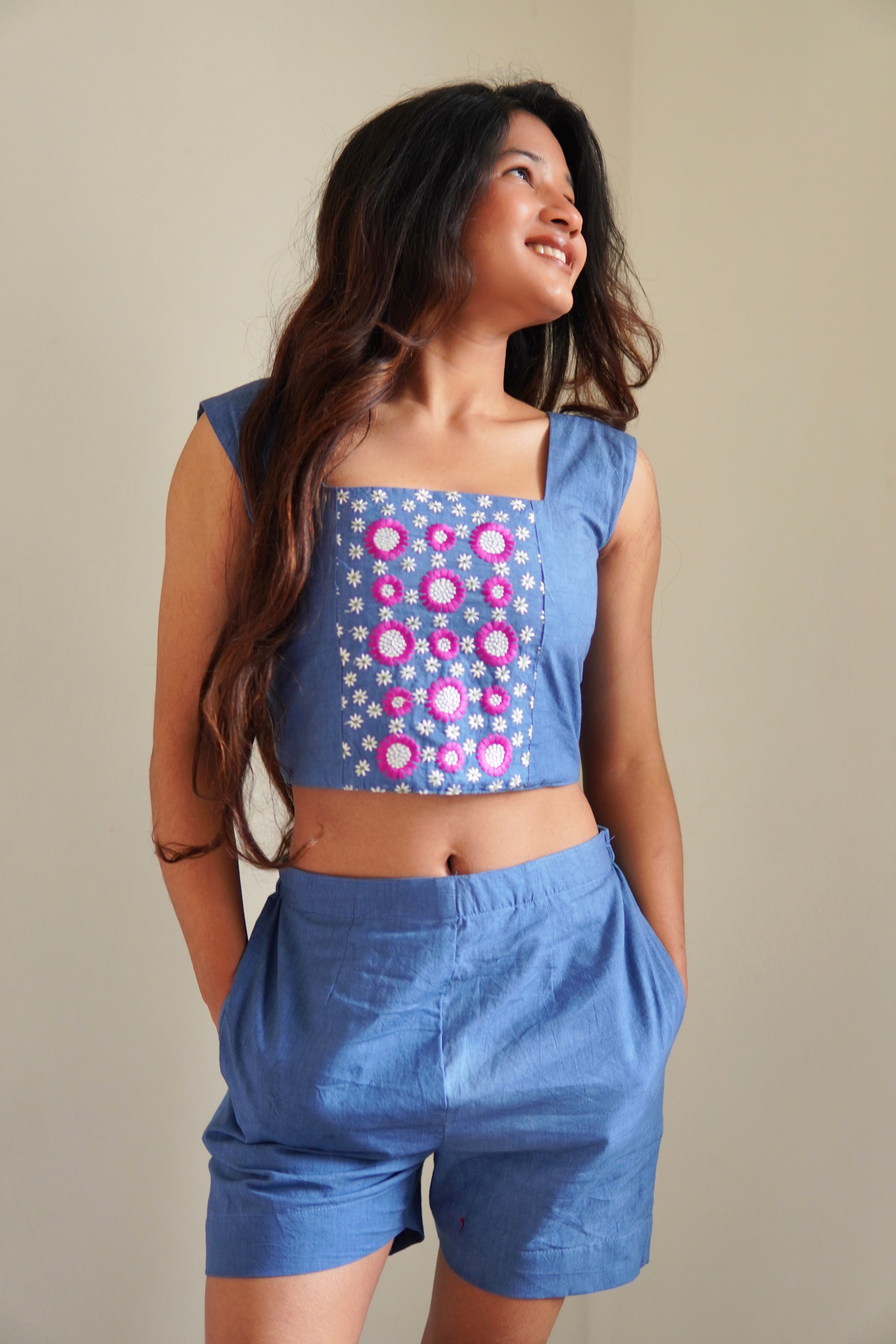 Indigo Blue Floral Panel Co-Ord Set with Crop Top & Shorts