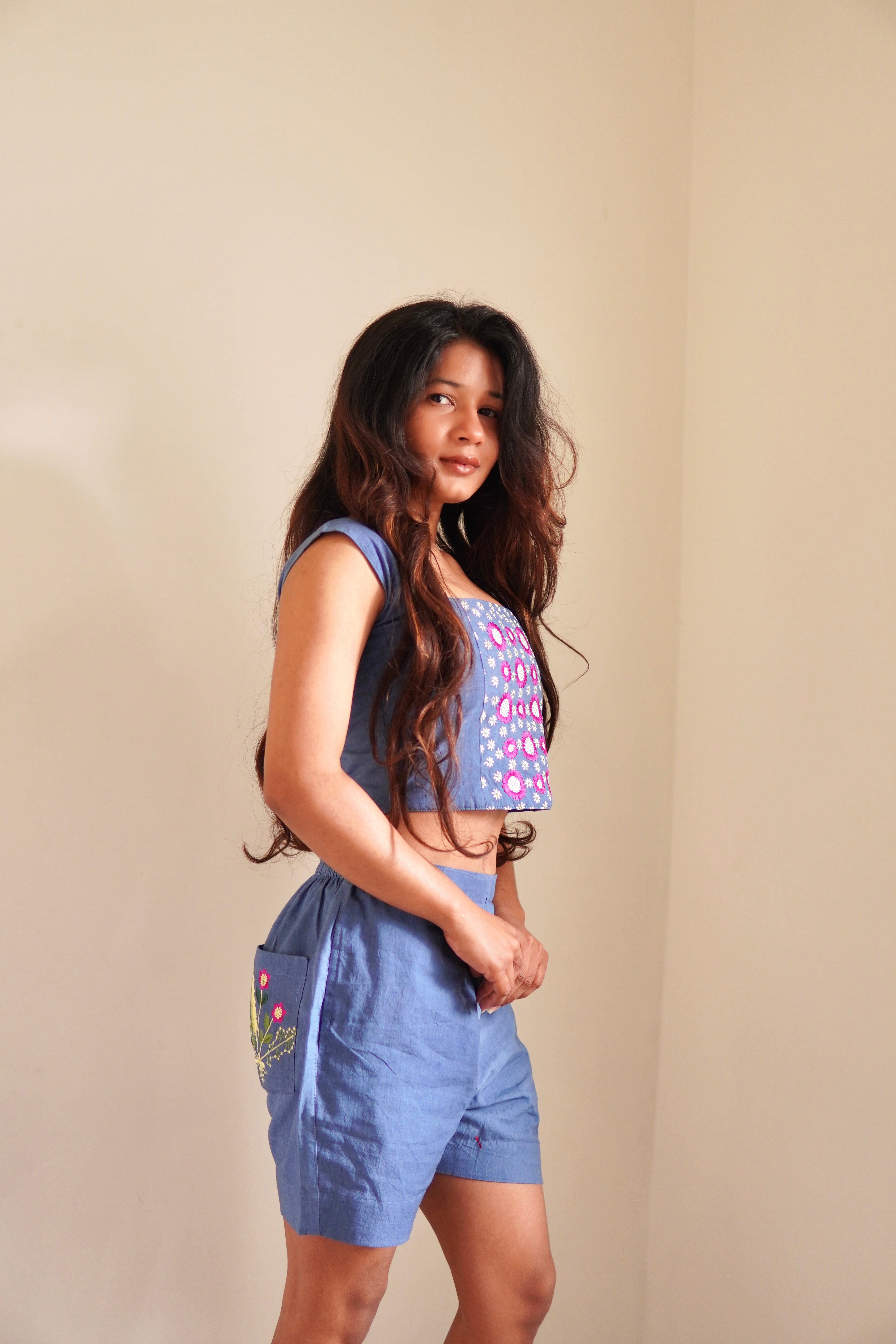 Indigo Blue Floral Panel Co-Ord Set with Crop Top & Shorts