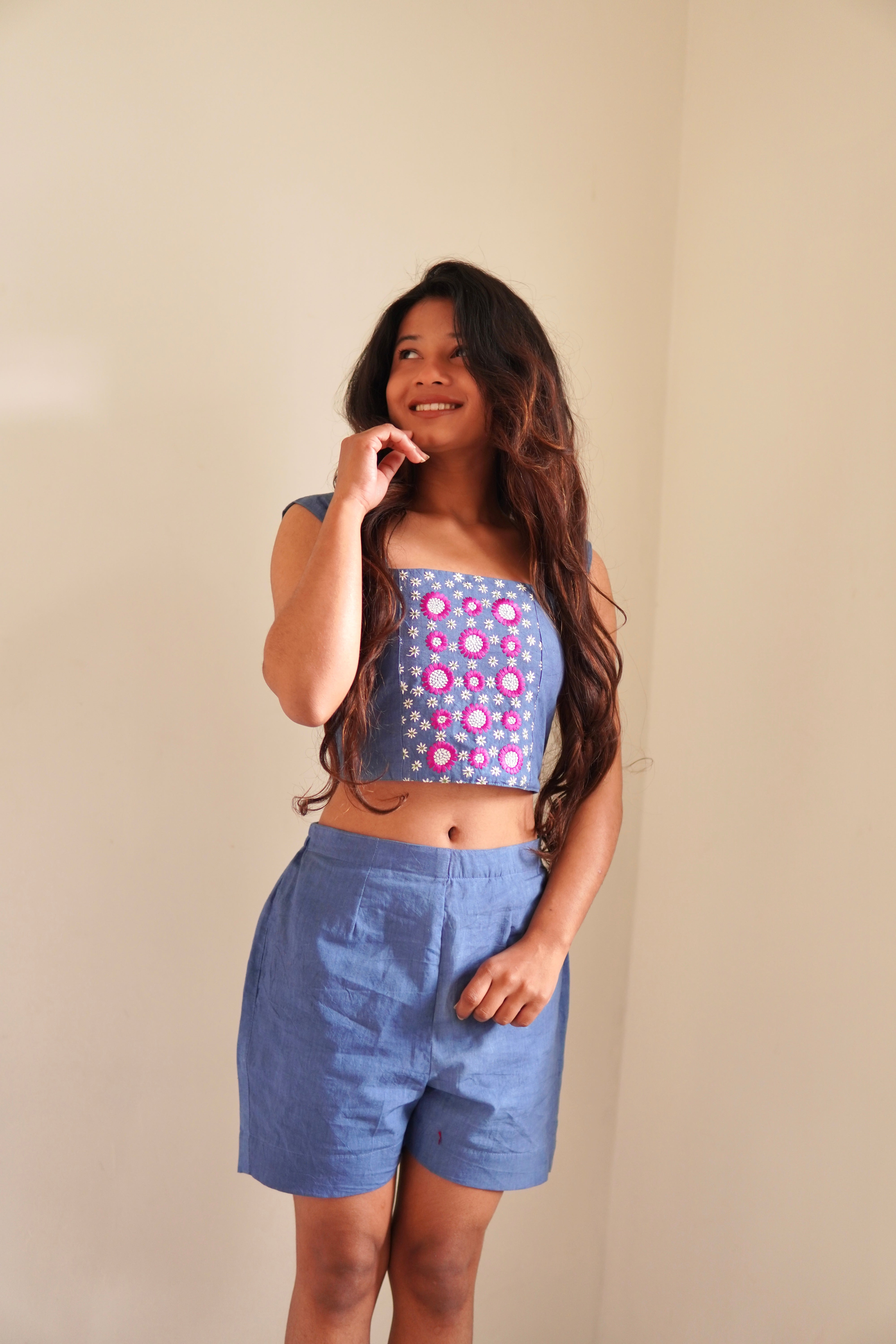 Indigo Blue Floral Panel Co-Ord Set with Crop Top & Shorts