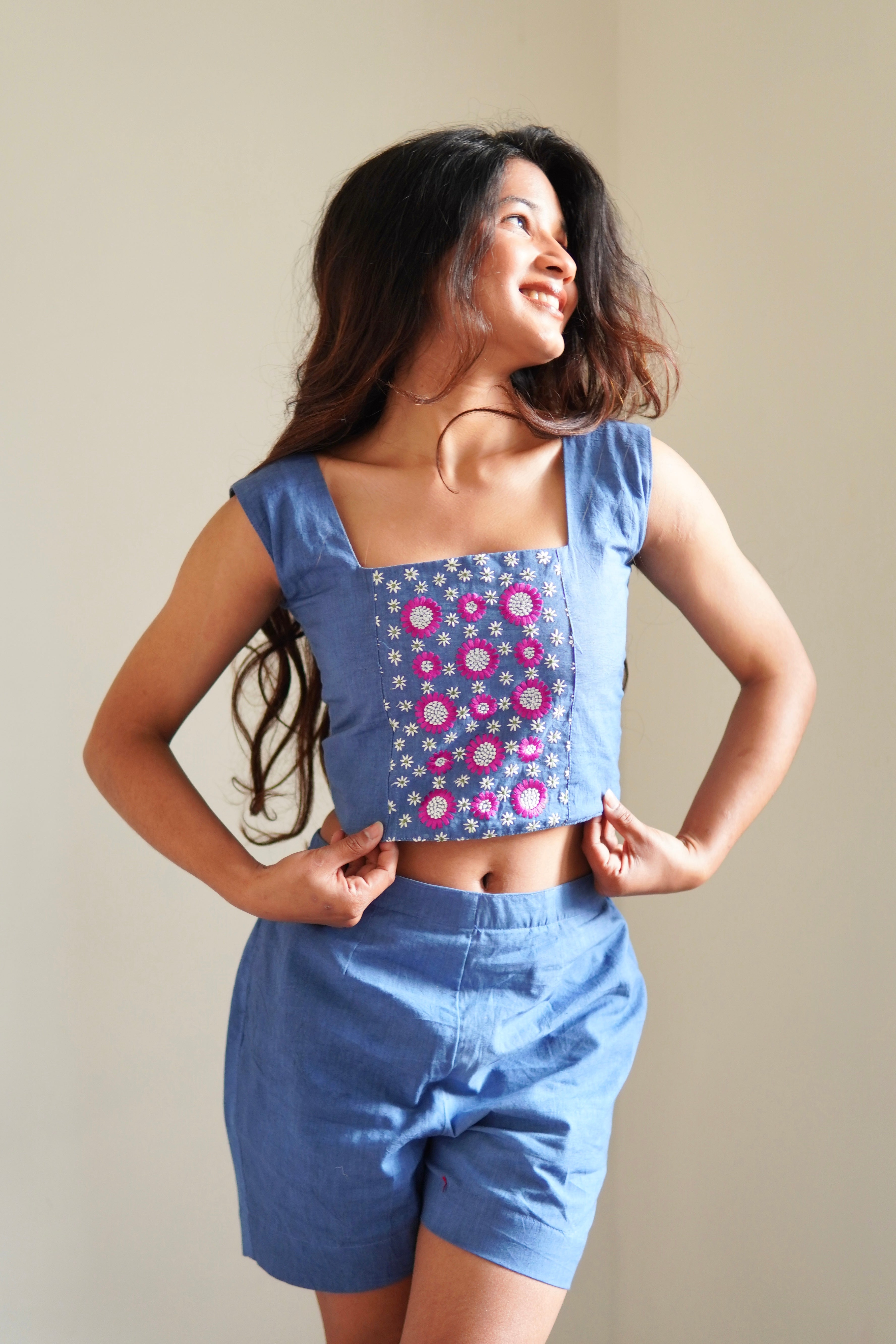 Indigo Blue Floral Panel Co-Ord Set with Crop Top & Shorts