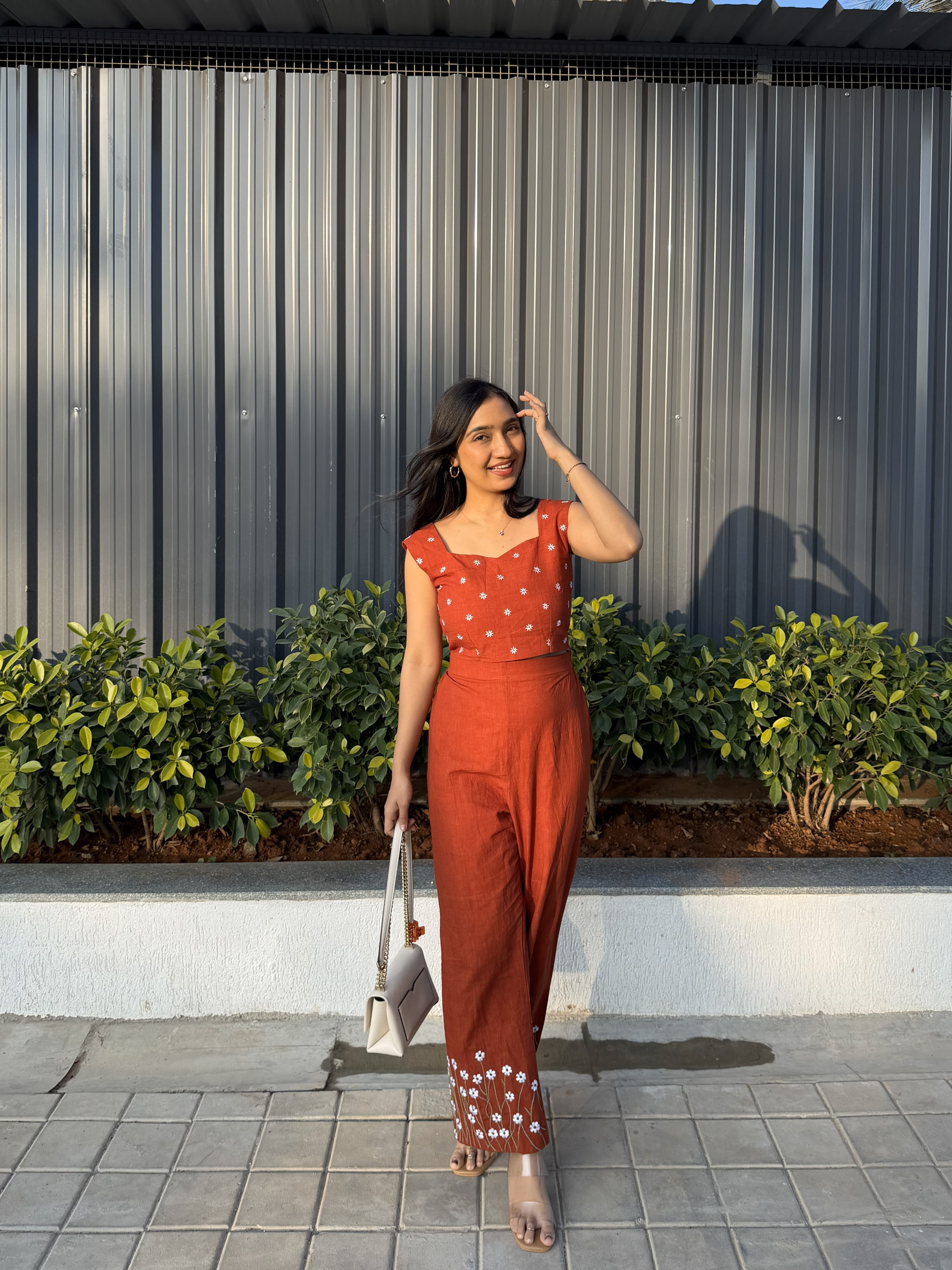 Rust Floral Printed Co-Ord Set with Straight Pants