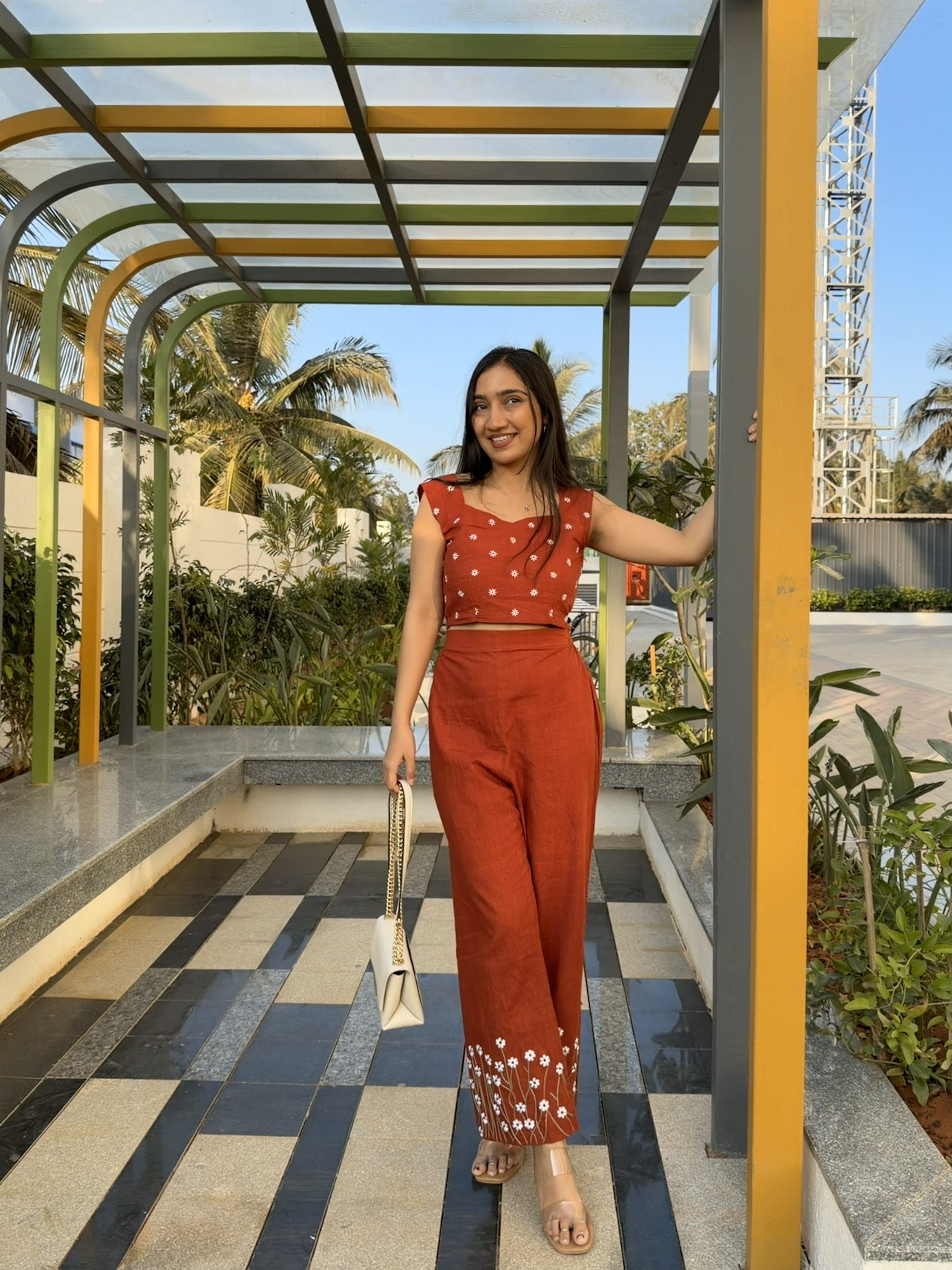 Rust Floral Printed Co-Ord Set with Straight Pants