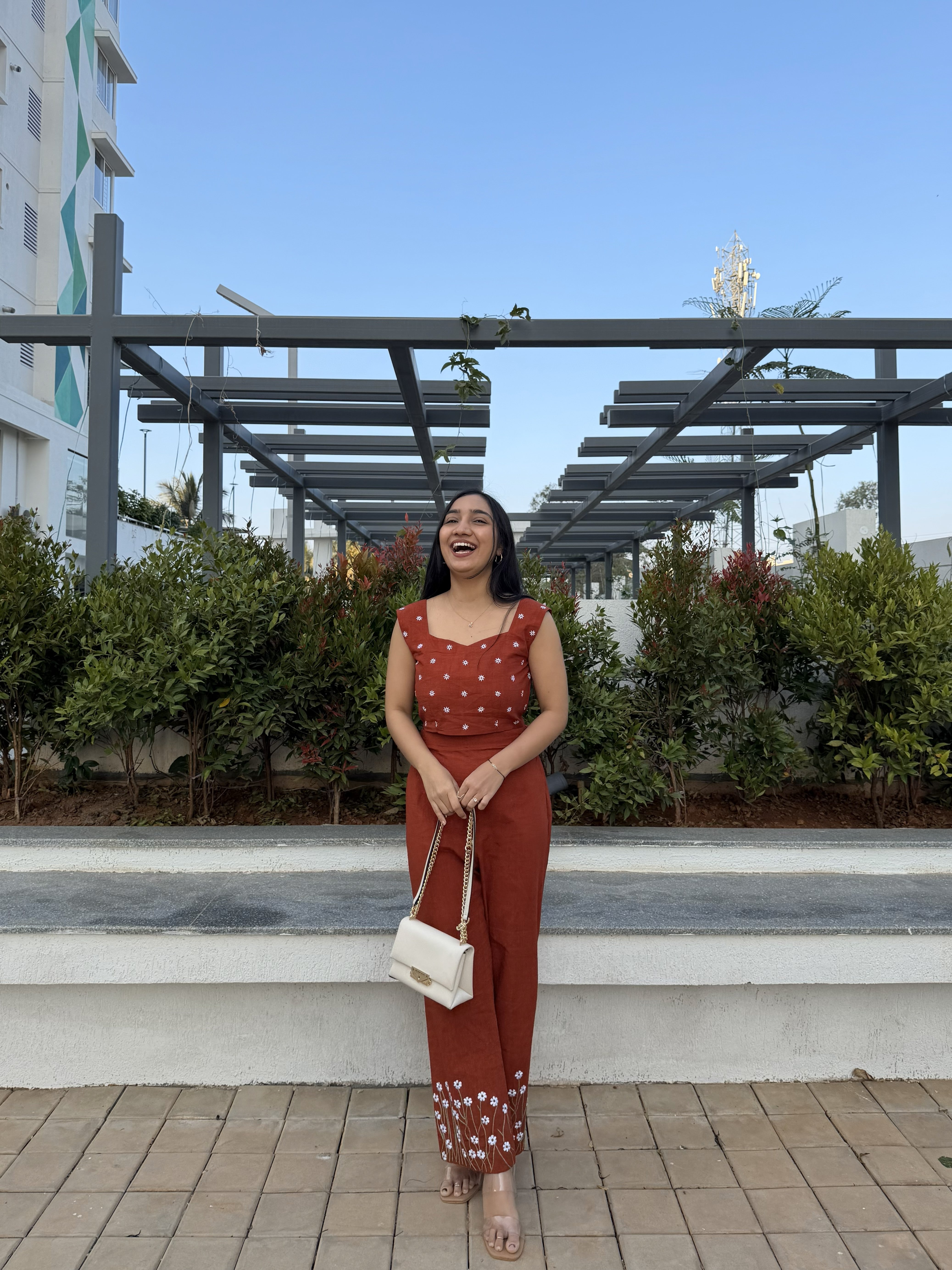 Rust Floral Printed Co-Ord Set with Straight Pants