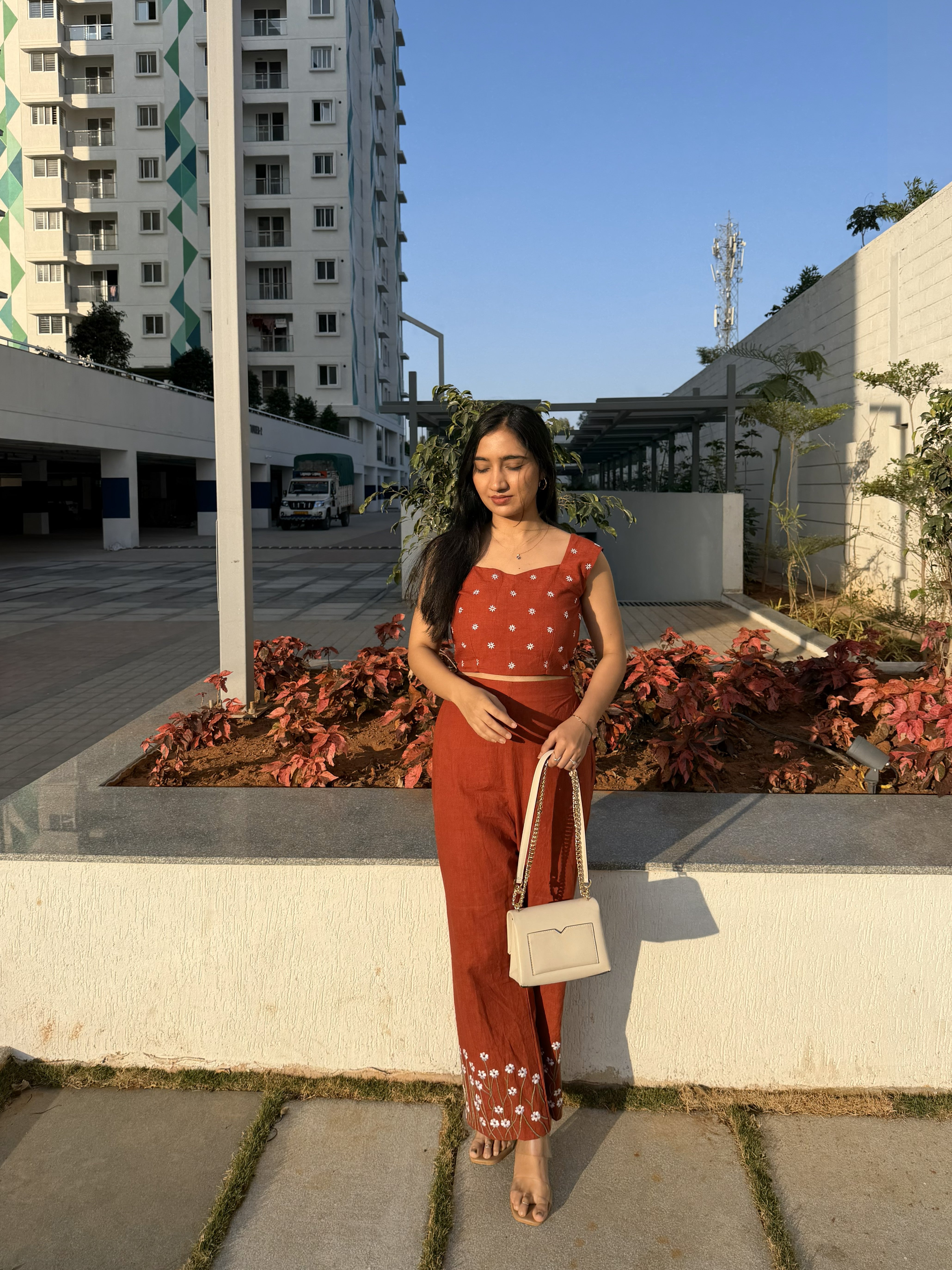 Rust Floral Printed Co-Ord Set with Straight Pants