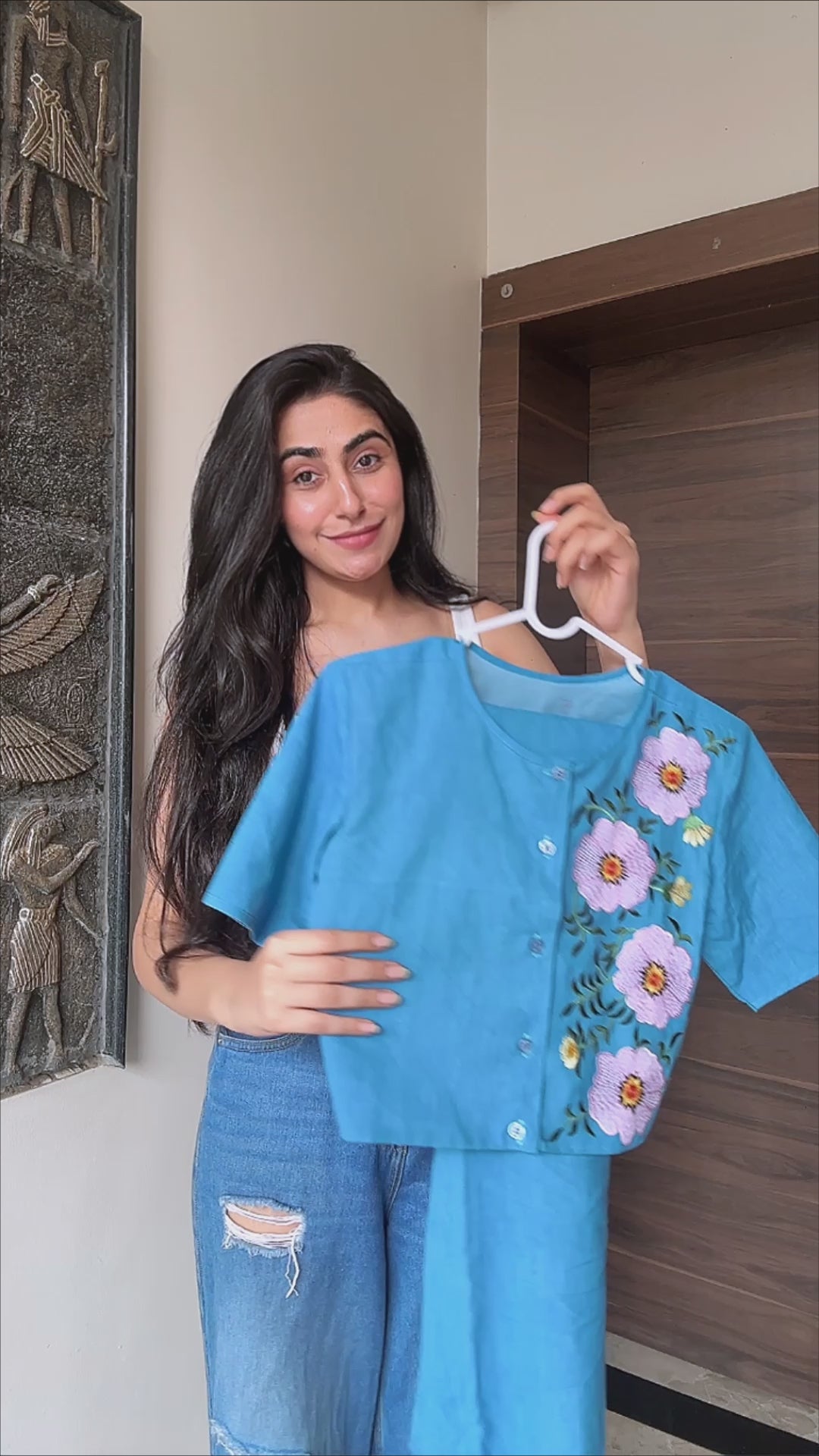 Sky Blue Floral Embellished Co-Ord Set with Crop Jacket